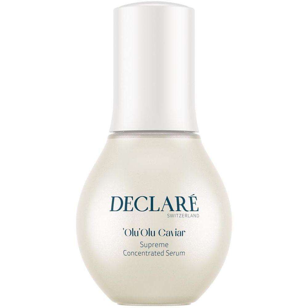 Flacon de sérum avec bouchon blanc. Inscription: DECLARÉ, 'Olu 'Olu Caviar, Supreme Concentrated Serum.