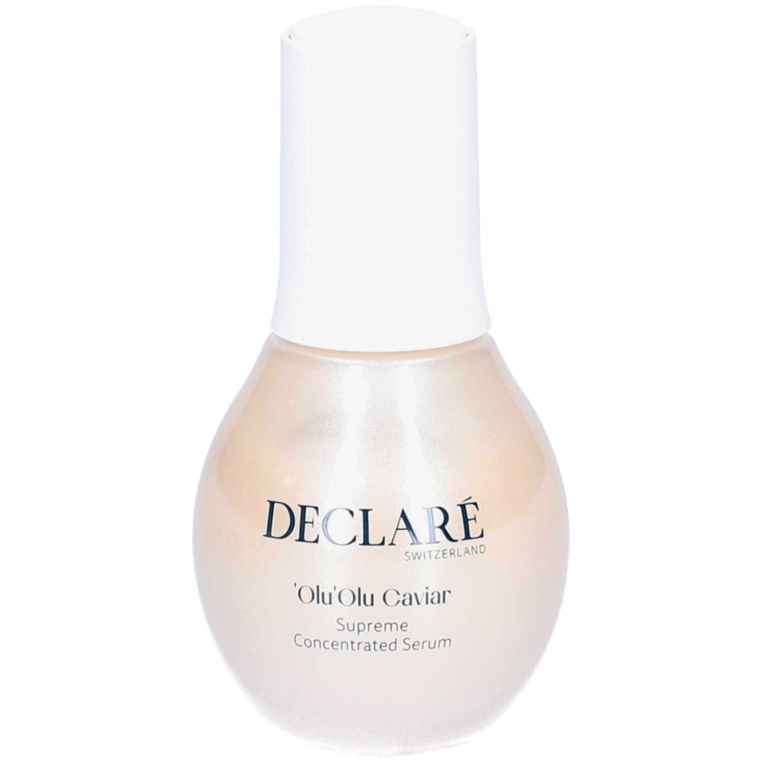 Flacon de sérum avec bouchon blanc. Inscription: DECLARÉ, 'Olu 'Olu Caviar, Supreme Concentrated Serum.