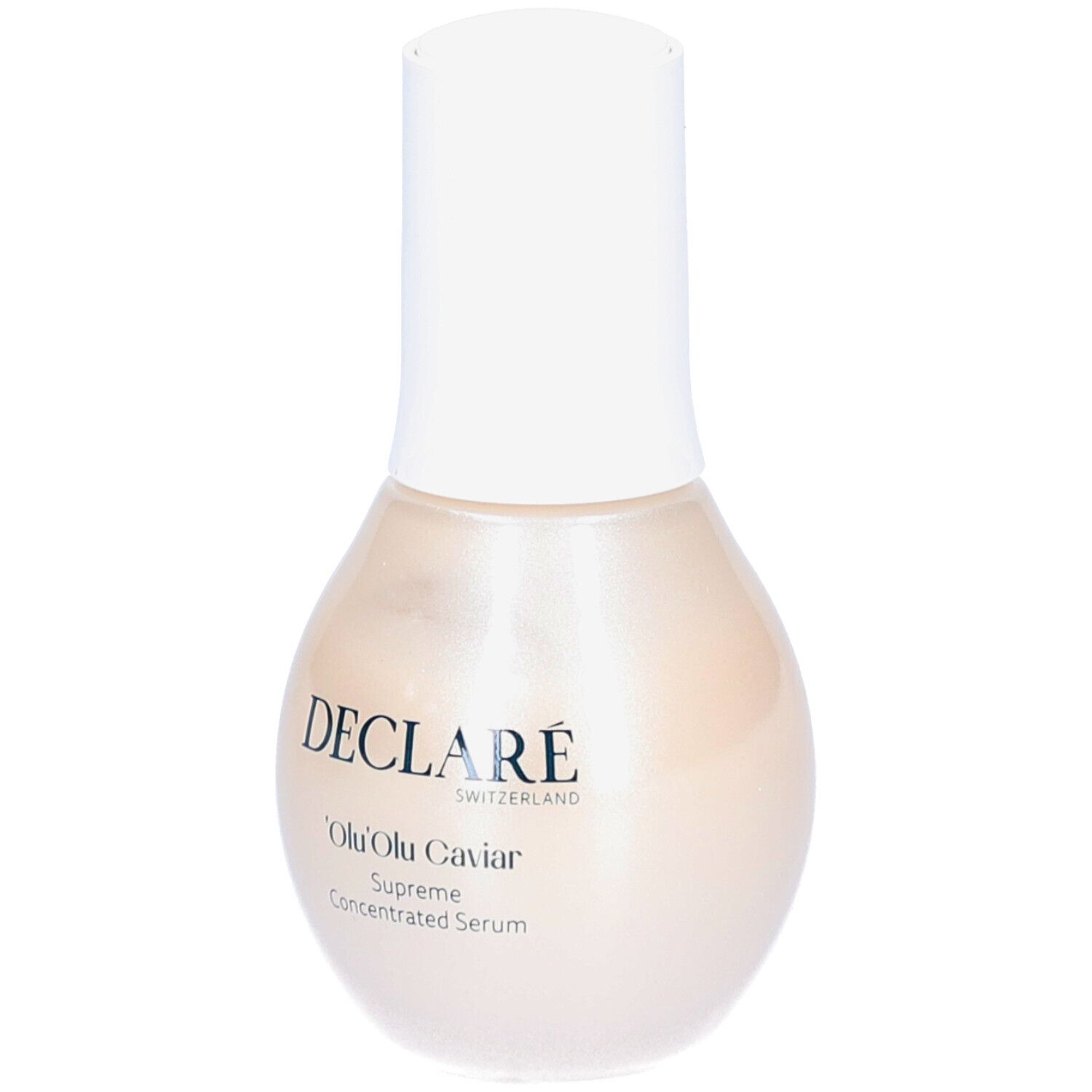 Flacon de sérum avec bouchon blanc. Inscription: DECLARÉ, 'Olu 'Olu Caviar, Supreme Concentrated Serum.