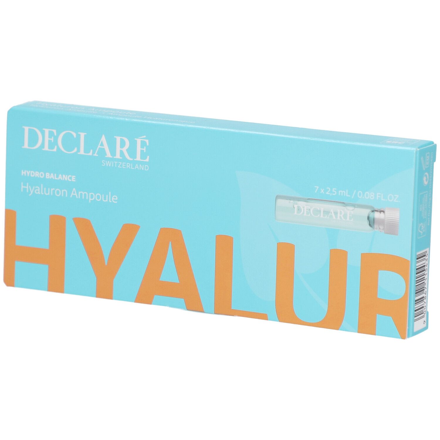 Boîte turquoise avec logo DECLARÉ et nom du produit. Contient sept ampoules. Inscription : Hyaluron Ampoule.
