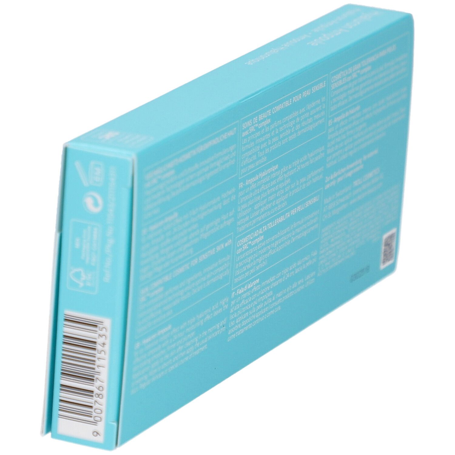 Dos de la boîte turquoise avec texte. Contient des informations et un code QR. Marque DECLARÉ.