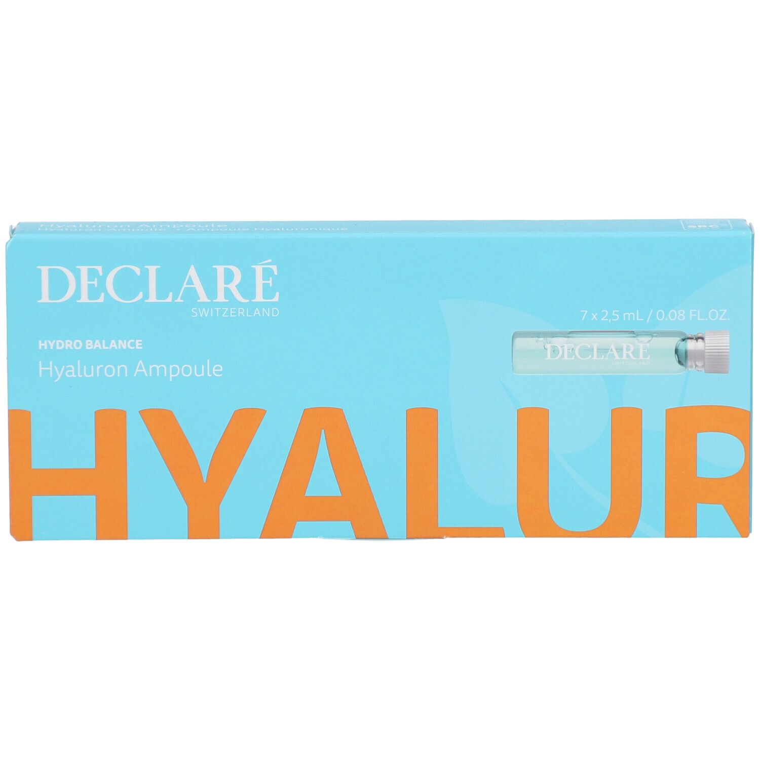 Boîte turquoise avec logo DECLARÉ et nom du produit. Contient sept ampoules. Inscription : Hyaluron Ampoule.