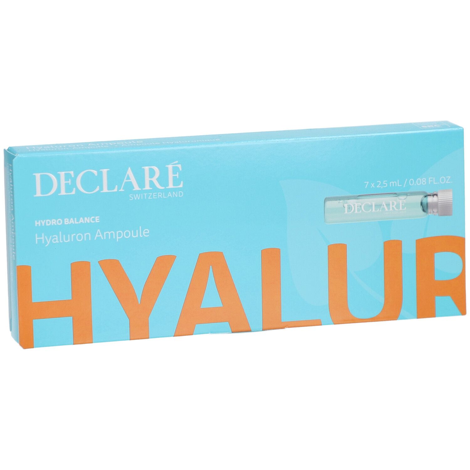 Boîte turquoise avec logo DECLARÉ et nom du produit. Contient sept ampoules. Inscription : Hyaluron Ampoule.
