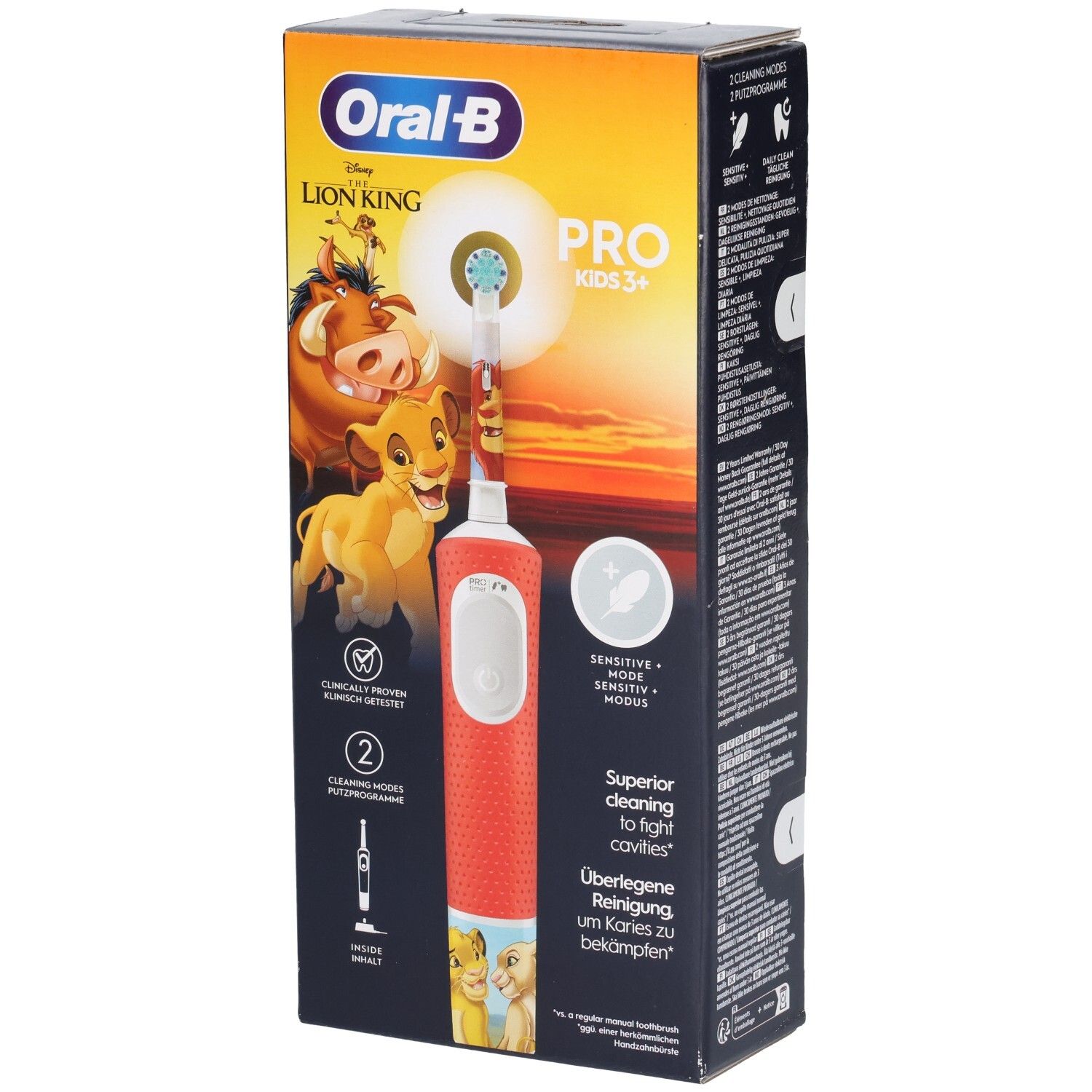 Elektrische Zahnbürste in Verpackung. Orangefarbener Griff, Disney-Design. Oral-B Pro Kids 3+.