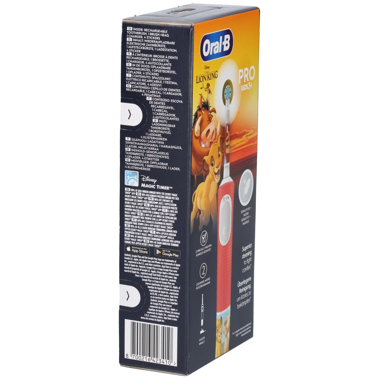 Verpackung der elektrischen Zahnbürste. Seite mit Produktinformationen und Disney-Motiv.