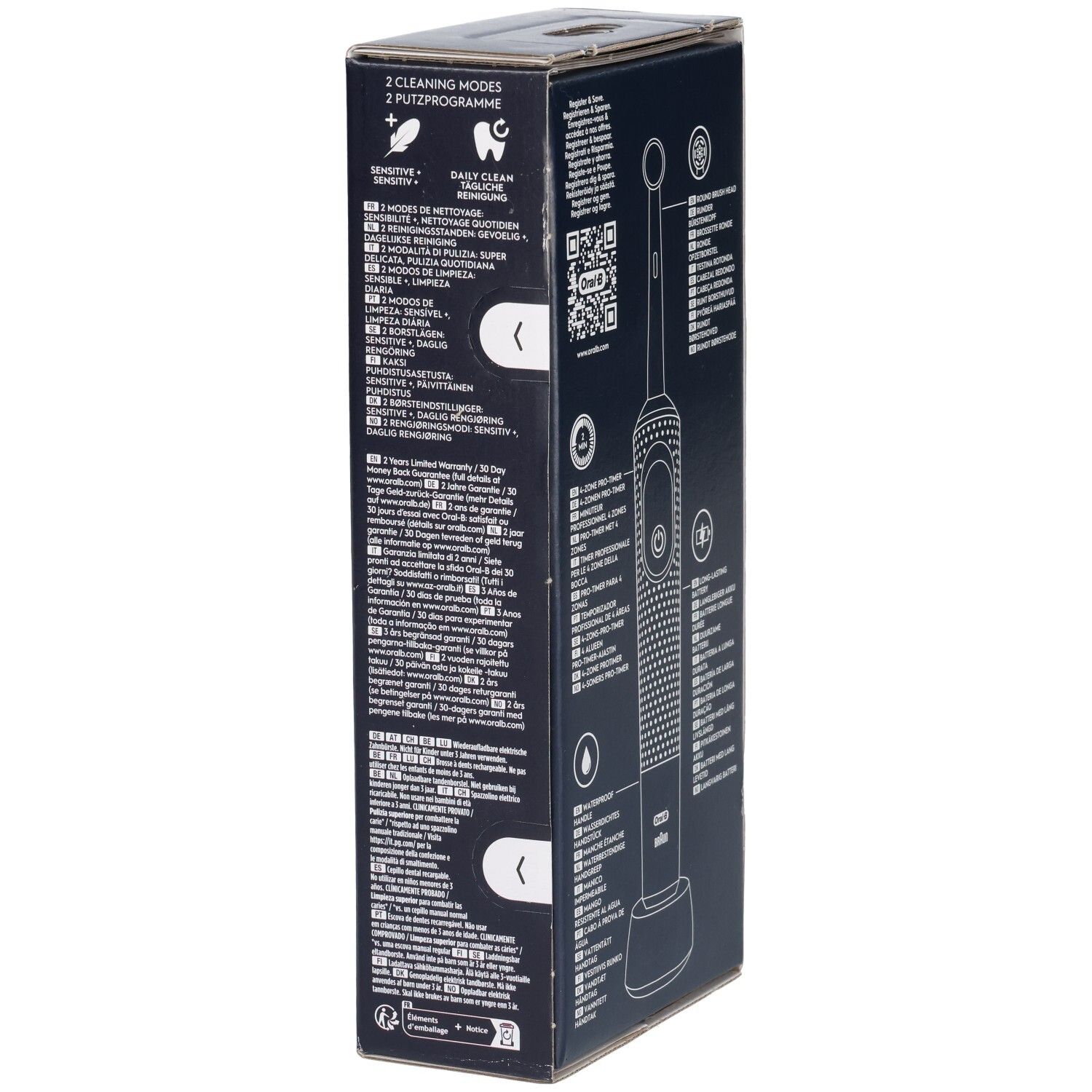 Verpackung, Seitenansicht. Zahnbürsten-Umriss, Informationen und QR-Code.