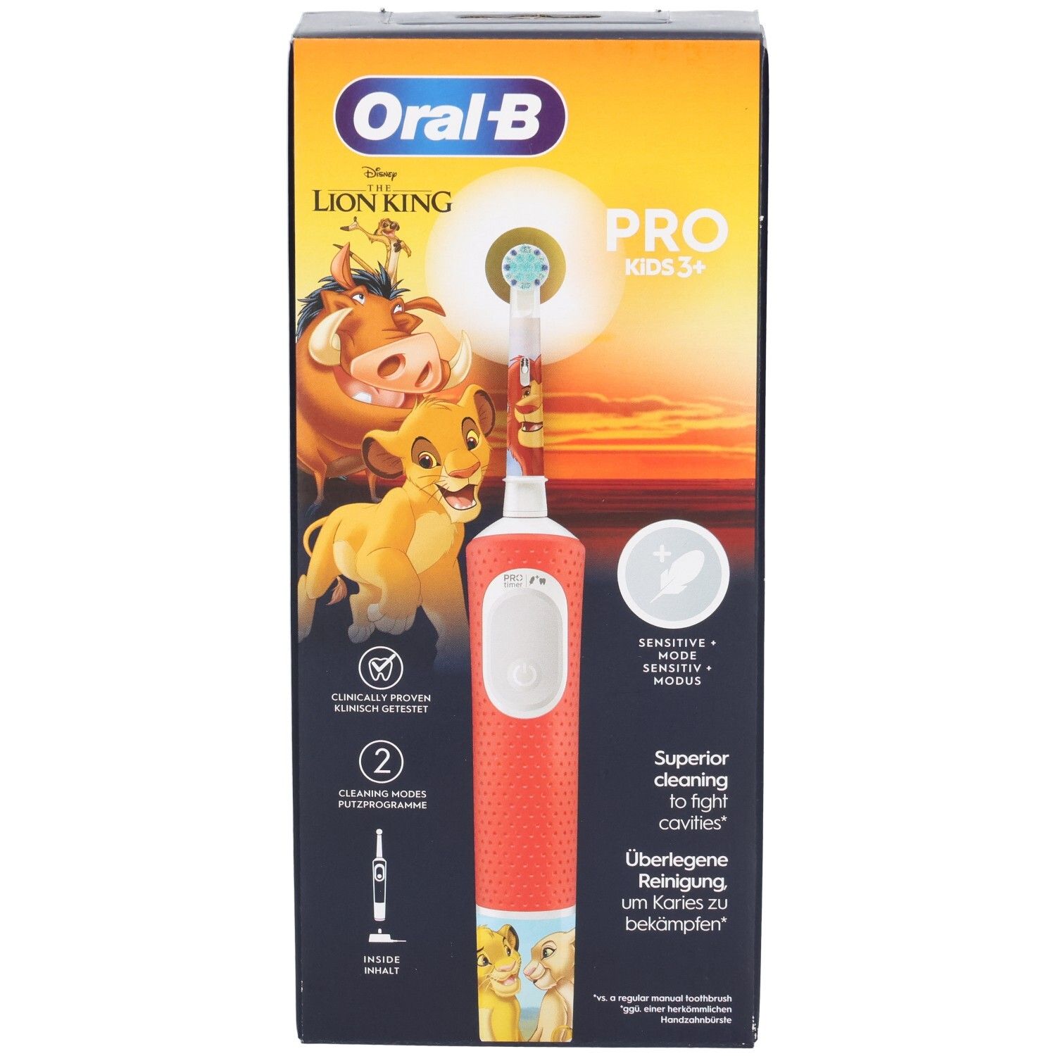 Elektrische Zahnbürste in Verpackung. Orangefarbener Griff, Disney-Design. Oral-B Pro Kids 3+.