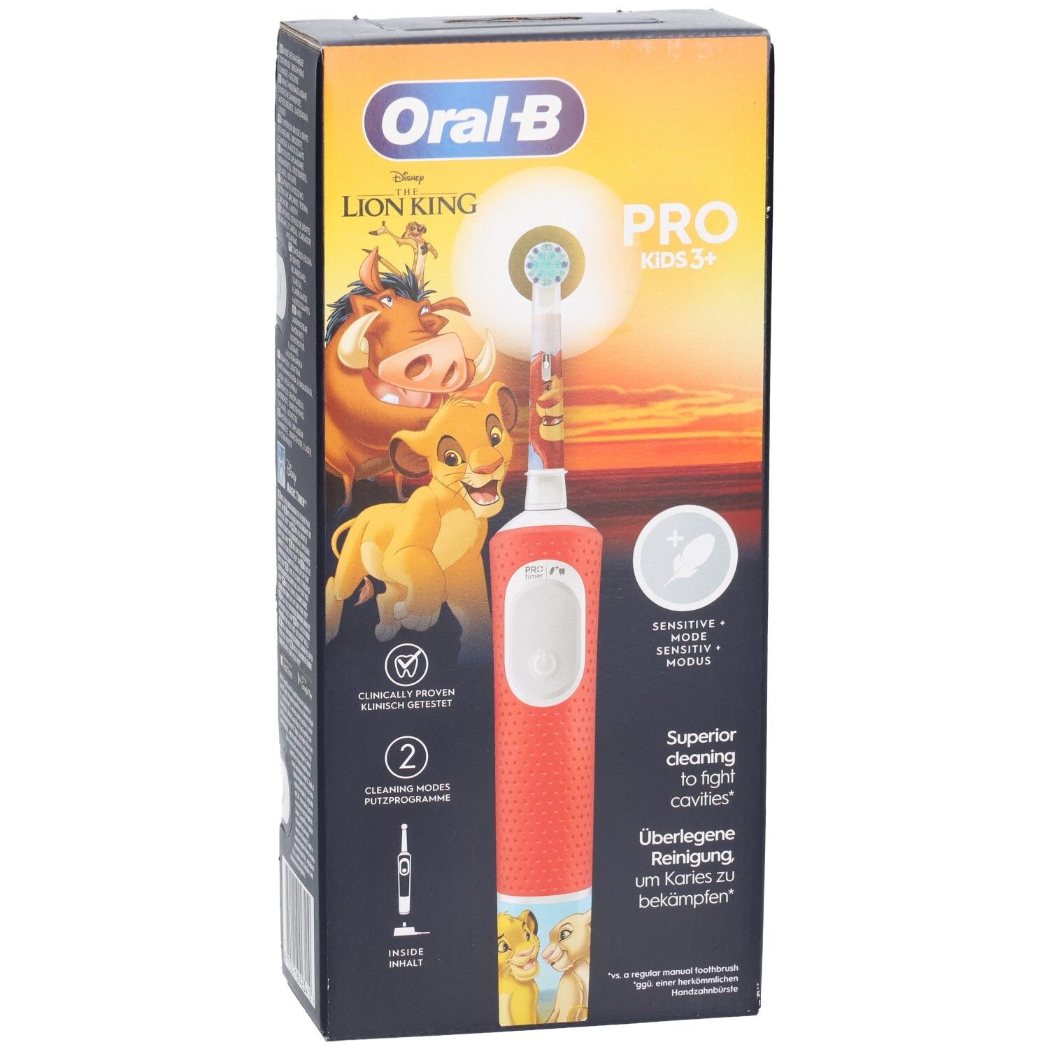 Elektrische Zahnbürste in Verpackung. Orangefarbener Griff, Disney-Design. Oral-B Pro Kids 3+.