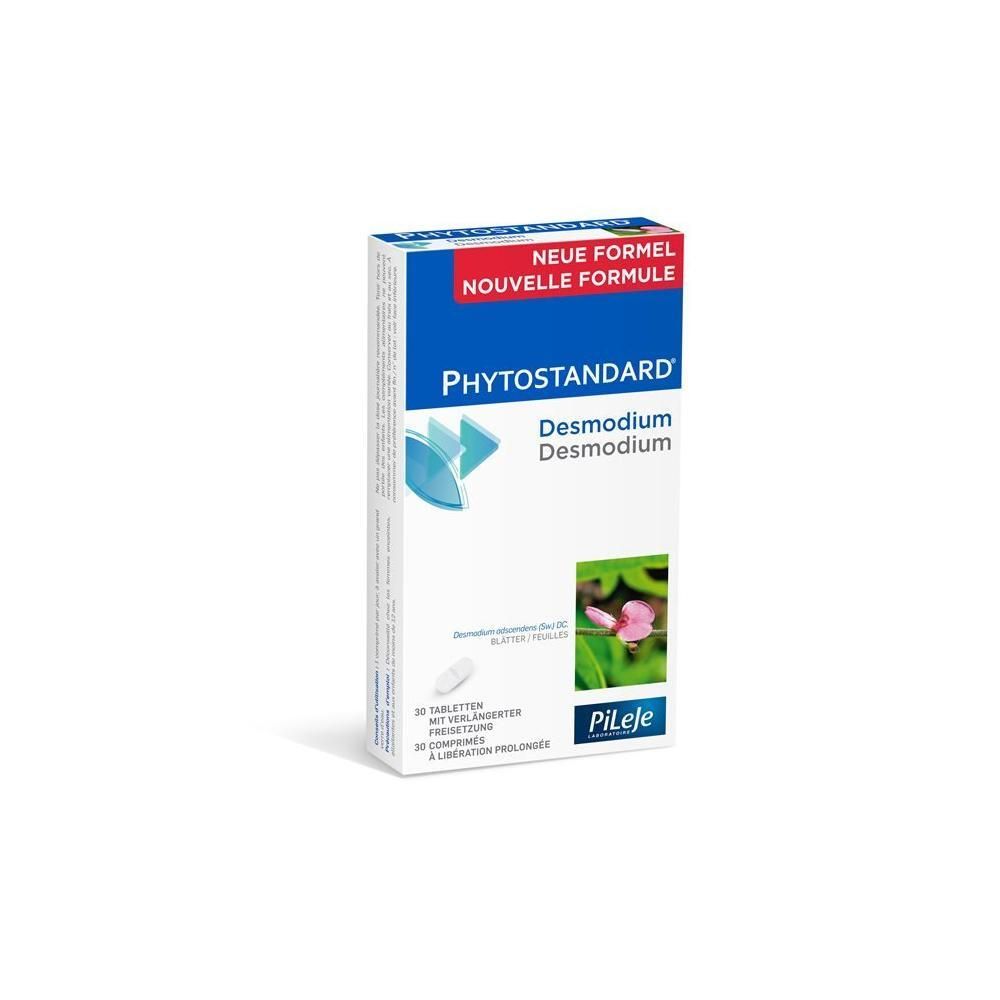 Boîte de Phytostandard Desmodium. Emballage blanc et bleu avec nom et logo. Contient 30 comprimés.