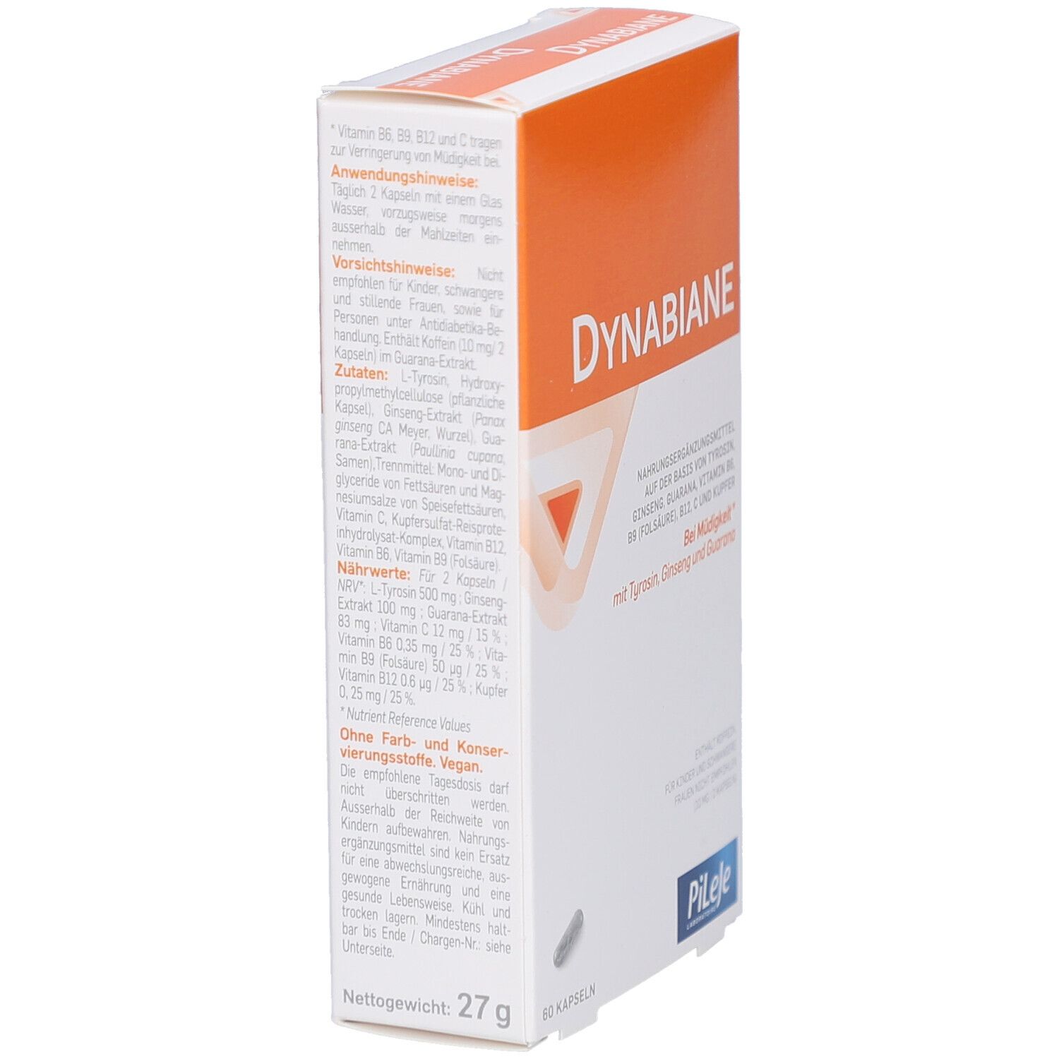 Dynabiane-Schachtel, Seitenansicht. Enthält Informationen zu Inhaltsstoffen, Anwendung und Nährwerten. Marke: Pileje.