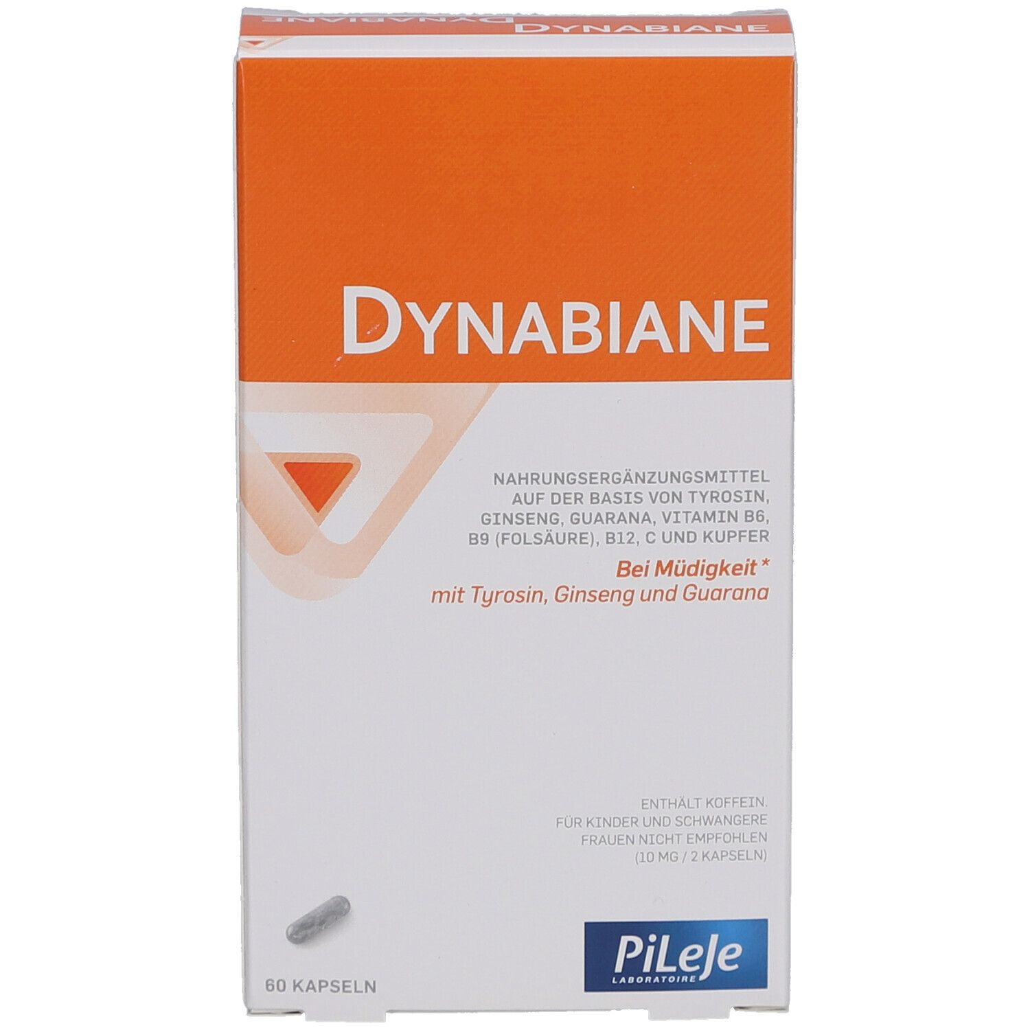 Schachtel Dynabiane. Nahrungsergänzungsmittel mit Tyrosin, Ginseng, Guarana, Vitaminen B6, B9, B12, C und Kupfer. 60 Kapseln.