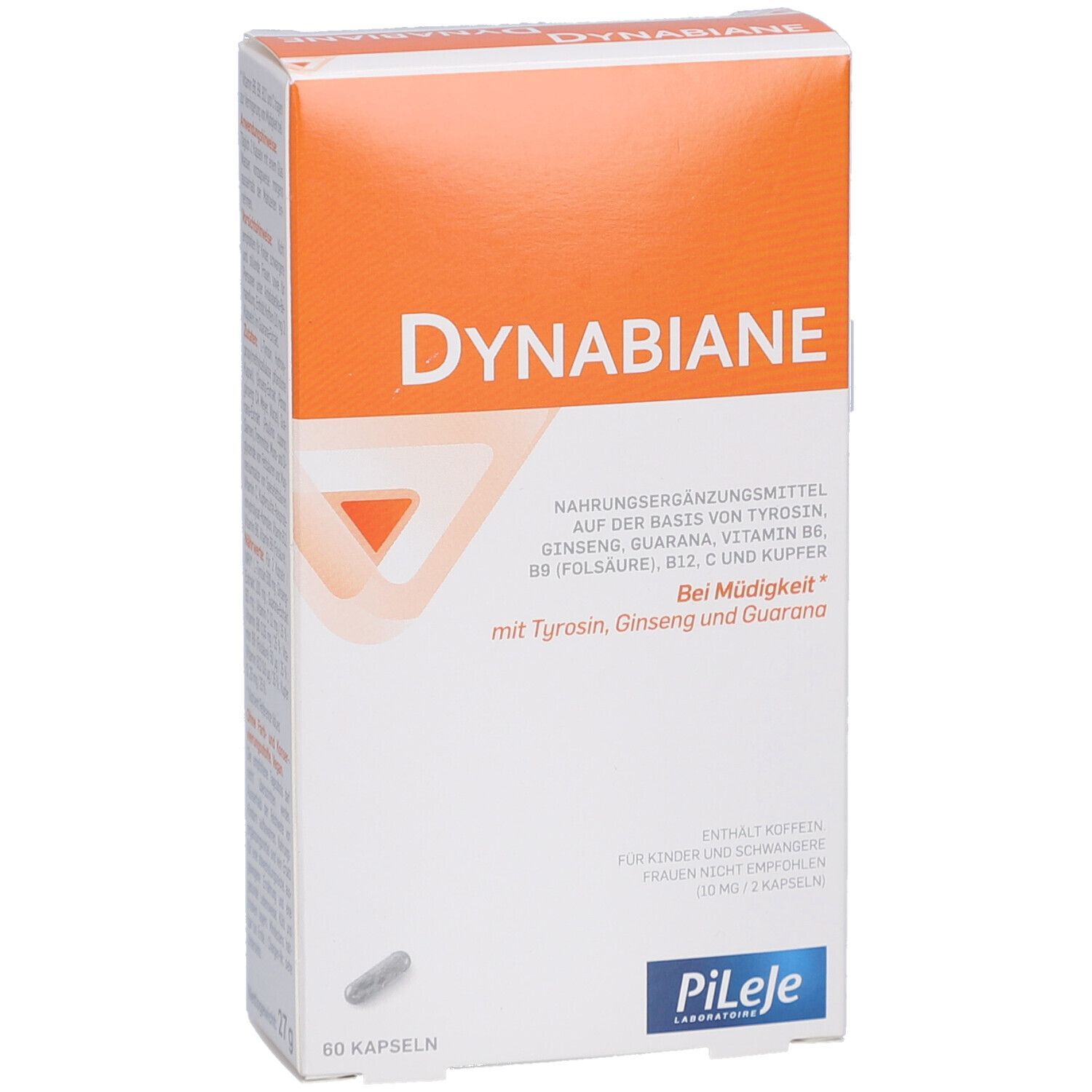 Schachtel Dynabiane. Nahrungsergänzungsmittel mit Tyrosin, Ginseng, Guarana, Vitaminen B6, B9, B12, C und Kupfer. 60 Kapseln.