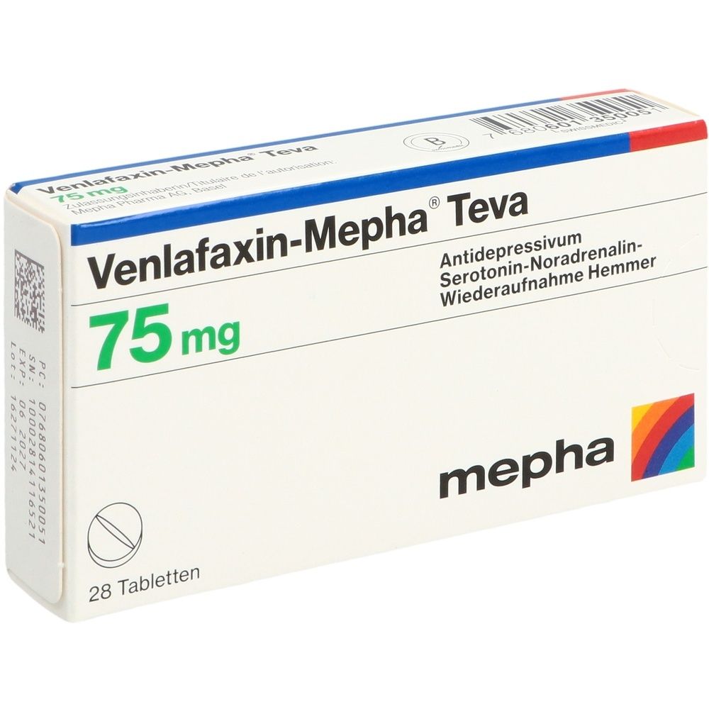 Boîte de comprimés Venlafaxin-Mepha Teva. Inscription : 75 mg, 28 comprimés. Logo mepha. Contient des informations sur les ingrédients.