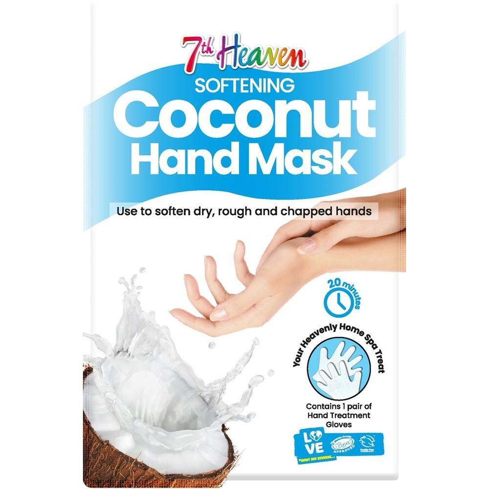 7th Heaven Hand Mask Coconut: Eine Packung mit Kokosnuss-Handmaske, die trockene Hände pflegt.