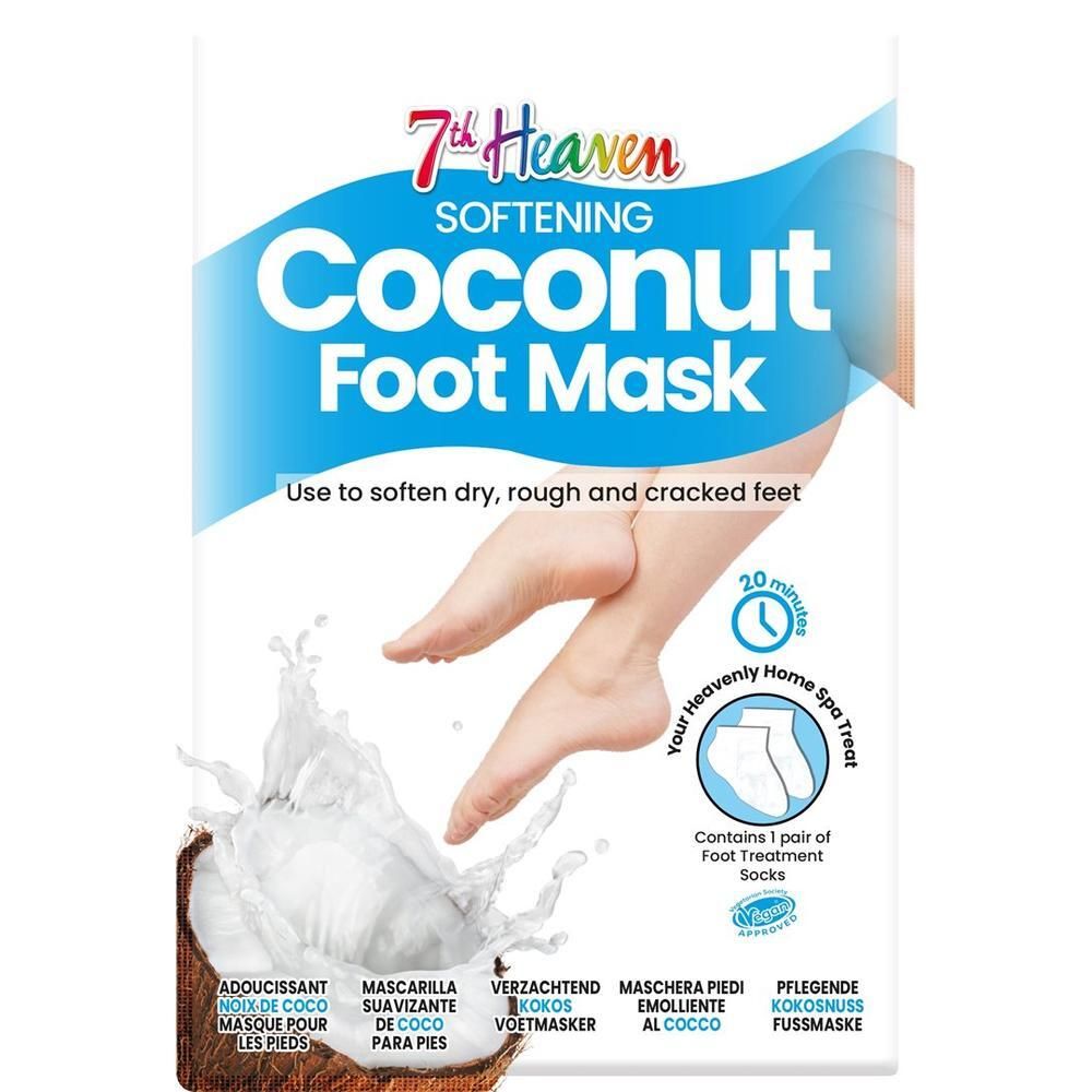 7th Heaven Kokos Fußmaske Verpackung mit Abbildung von Füßen und Kokosnuss.