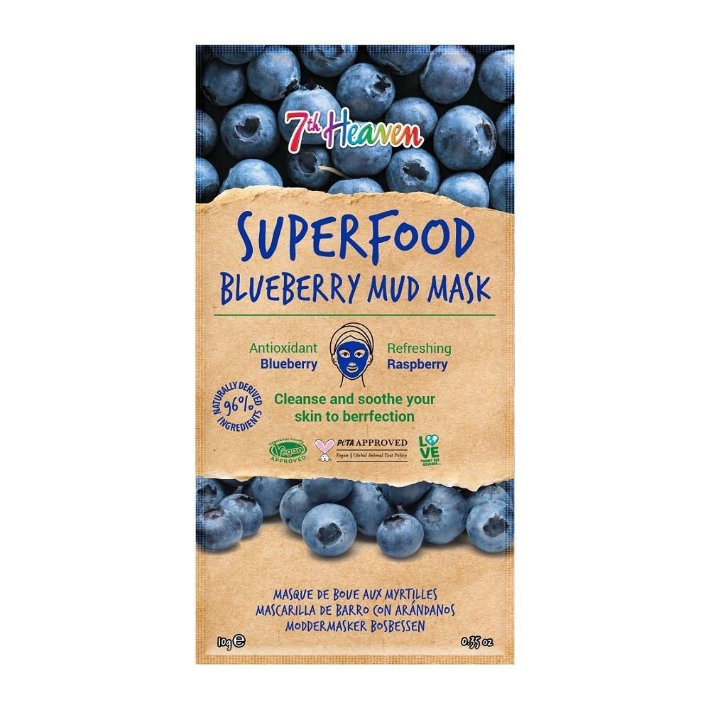 7TH HEAVEN Superfood Blueberry Mud Mask: Beutel mit Blaubeeren-Design, Blueberry Mud Mask Aufschrift.