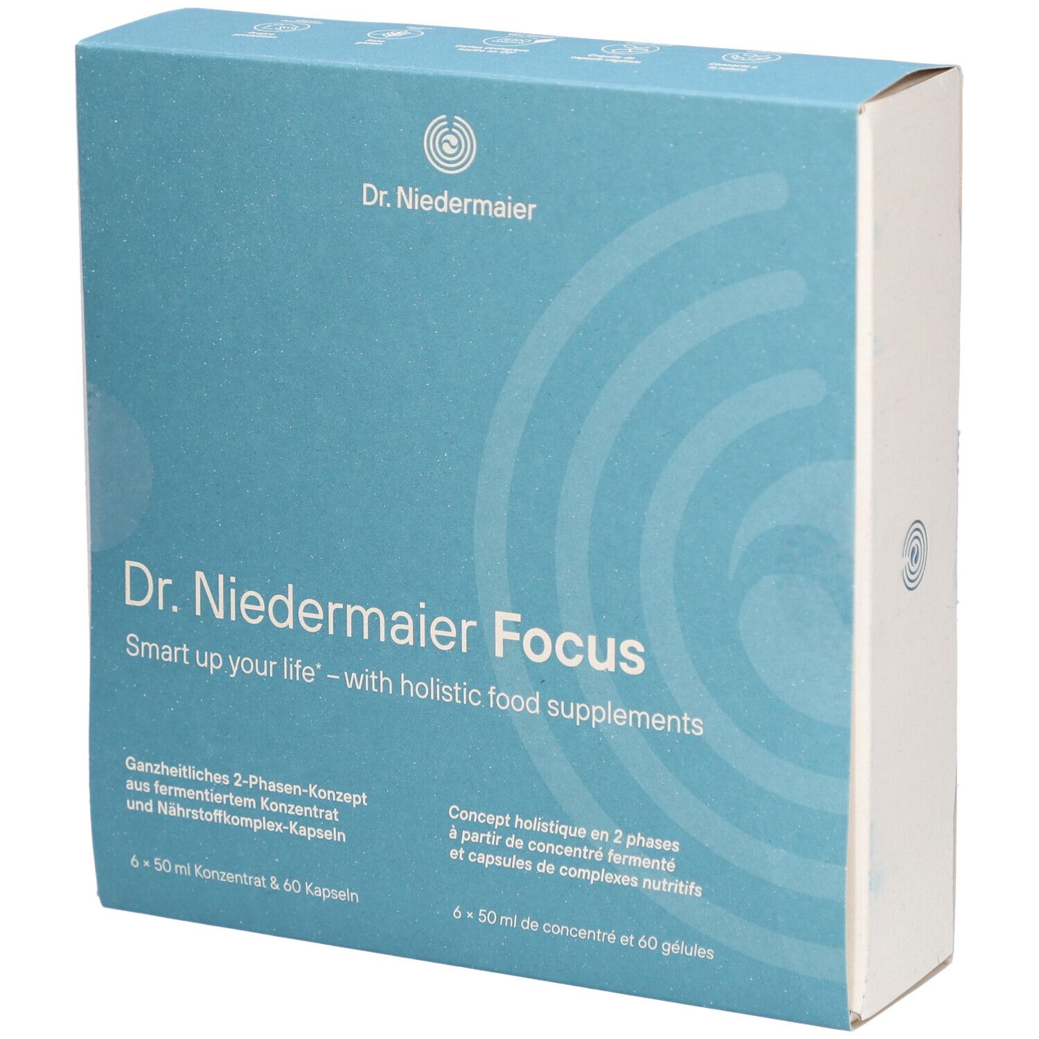 Blau-weiße Schachtel mit "Dr. Niedermaier Focus"-Aufdruck. Enthält 60 Kapseln und 50 ml Konzentrat. Marke und Produktname deutlich sichtbar.