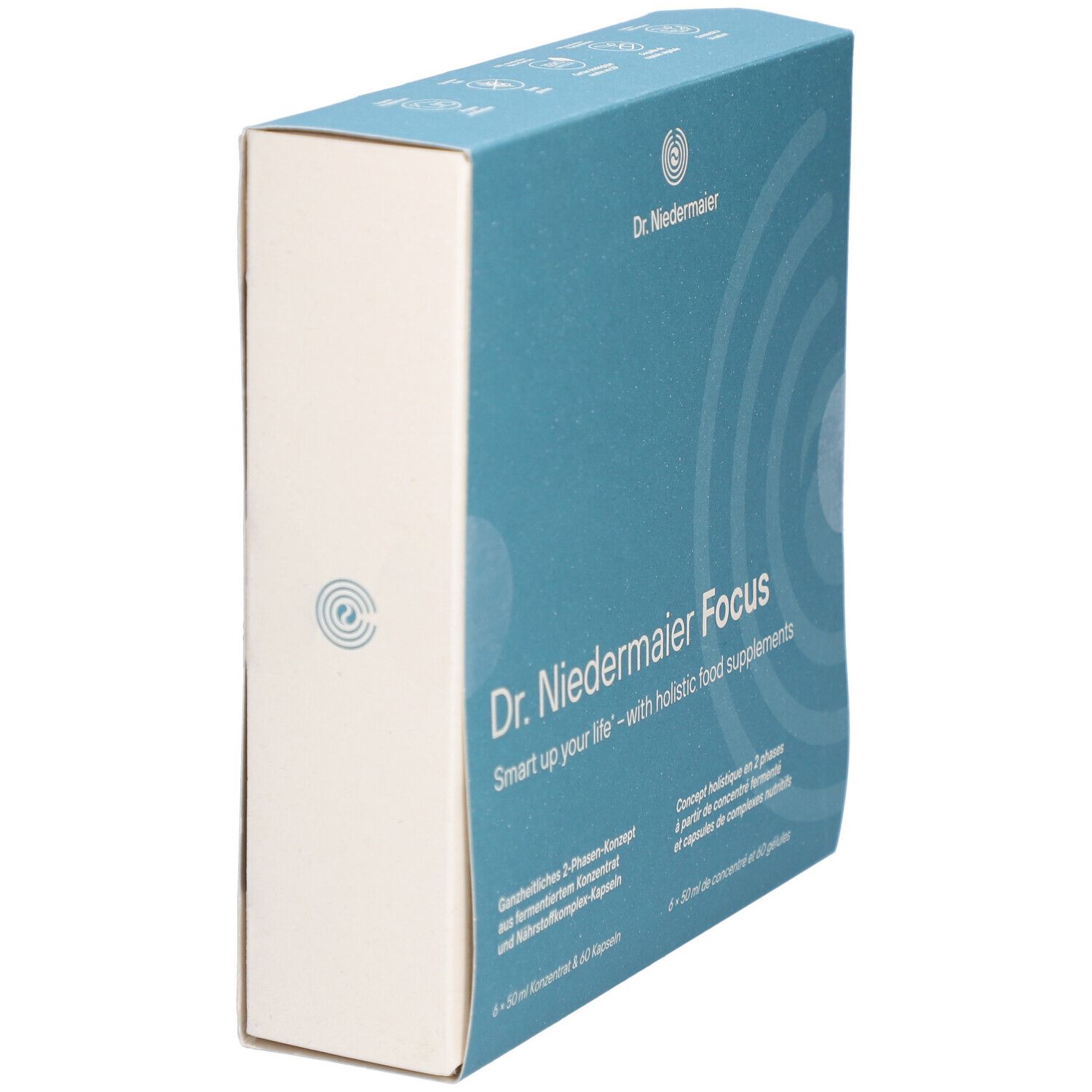 Schachtel "Dr. Niedermaier Focus" in schräger Ansicht. Blau-weiß, mit Produkt- und Markennamen. Enthält 60 Kapseln und Konzentrat.