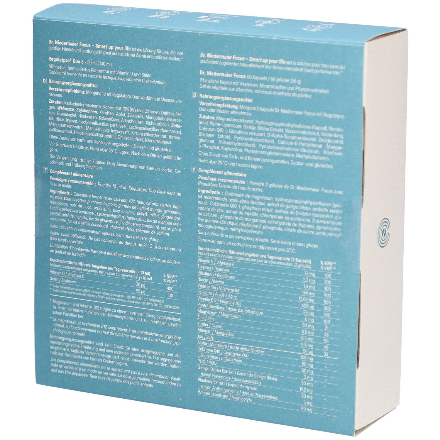 Rückseite der "Dr. Niedermaier Focus"-Schachtel. Text in Deutsch und Französisch. Enthält Informationen zu Inhaltsstoffen und Anwendung.