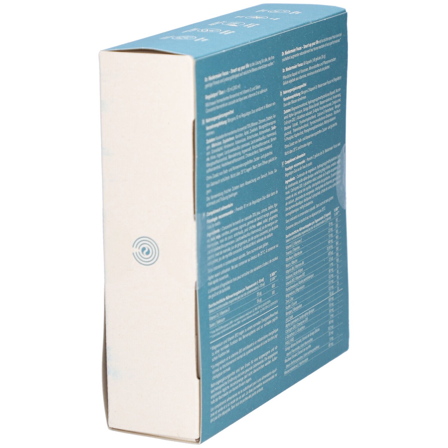 Schachtel "Dr. Niedermaier Focus" in schräger Ansicht. Rückseite mit Text. Enthält Informationen zu Inhaltsstoffen und Anwendung.
