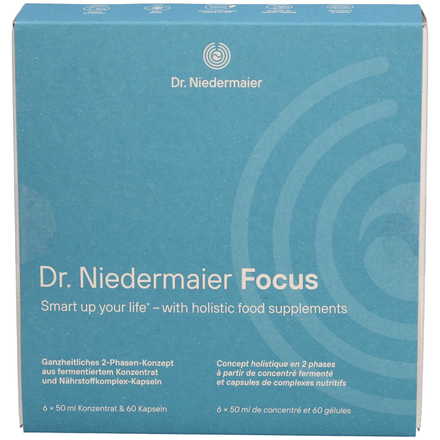 Vorderseite der "Dr. Niedermaier Focus"-Schachtel. Blau-weiß, mit Produkt- und Markennamen. Enthält 60 Kapseln und Konzentrat.