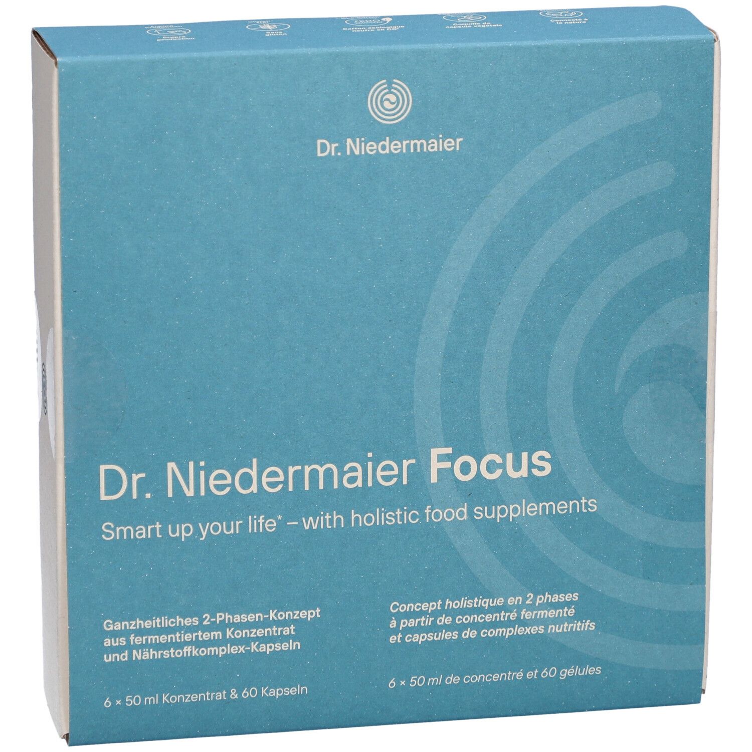 Vorderseite der "Dr. Niedermaier Focus"-Schachtel. Blau-weiß, mit Produkt- und Markennamen. Enthält 60 Kapseln und Konzentrat.