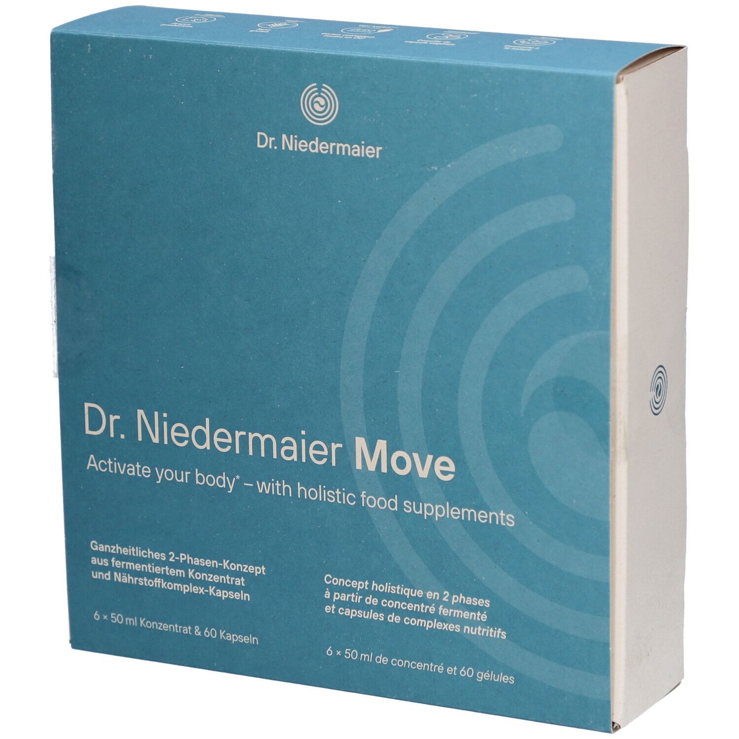 Boîte bleu et blanche avec logo "Dr. Niedermaier Move". Contient 6 x 50 ml de concentré et 60 gélules. Texte en allemand et français.