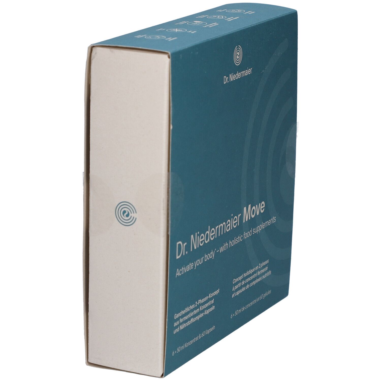 Boîte "Dr. Niedermaier Move" en vue oblique. Bleu et blanc, avec logo et texte. Contient 6 x 50 ml de concentré et 60 gélules.