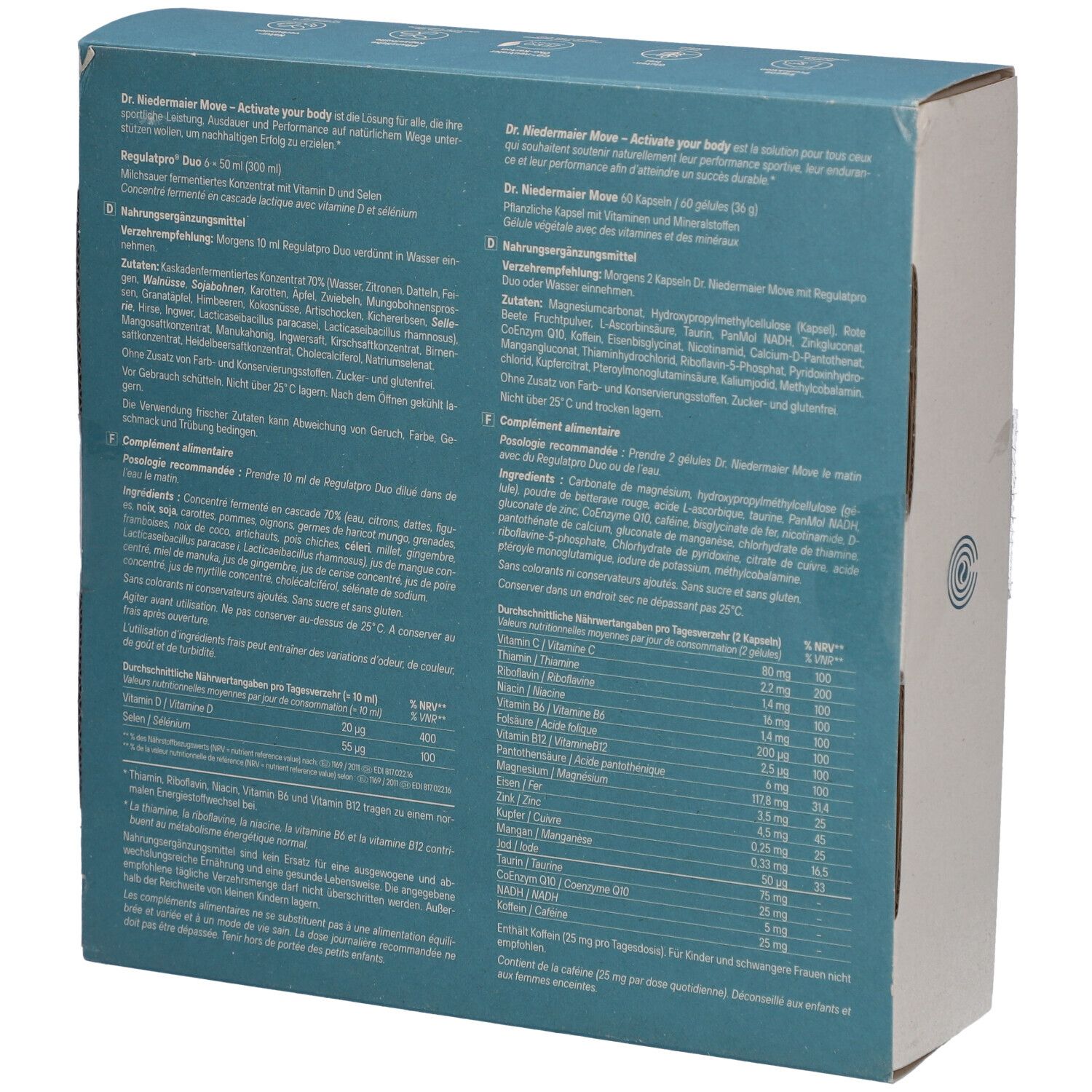 Dos de la boîte "Dr. Niedermaier Move". Texte en allemand et français. Contient des informations nutritionnelles et des instructions d'utilisation.