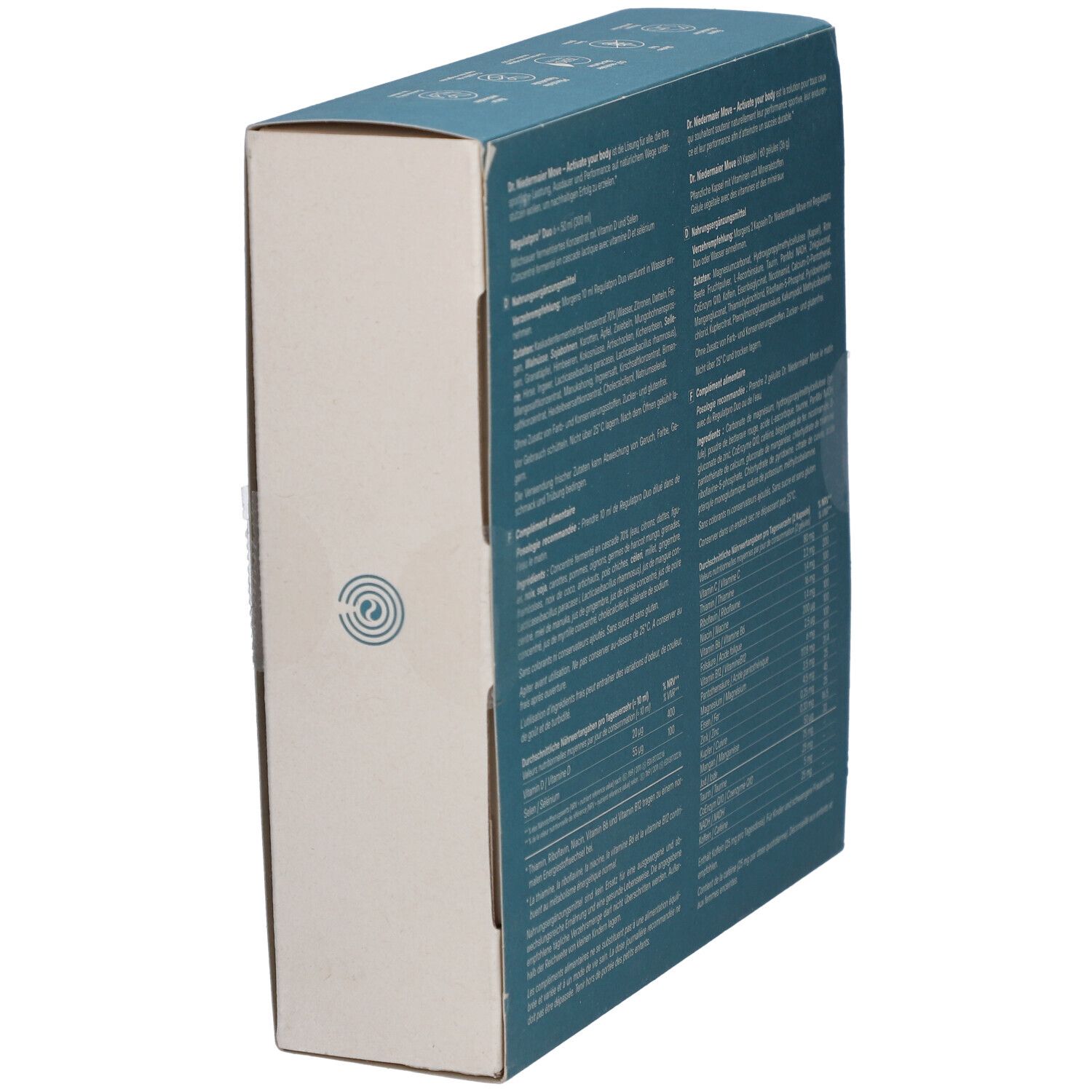 Boîte "Dr. Niedermaier Move" en vue oblique. Côté avec logo et texte. Contient des informations nutritionnelles et des instructions d'utilisation.