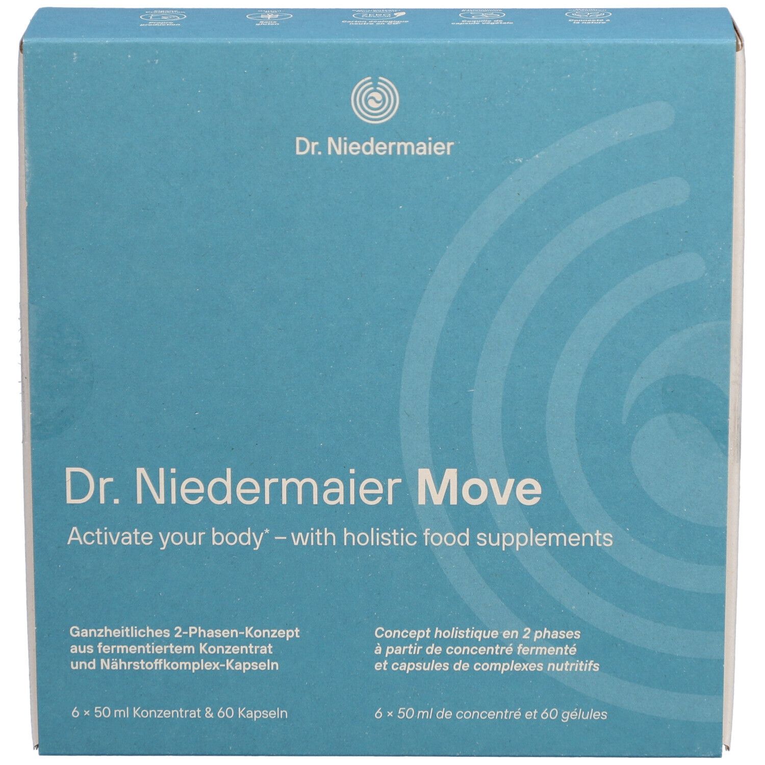 Face avant de la boîte "Dr. Niedermaier Move". Bleu et blanc, avec logo et texte. Contient 6 x 50 ml de concentré et 60 gélules.