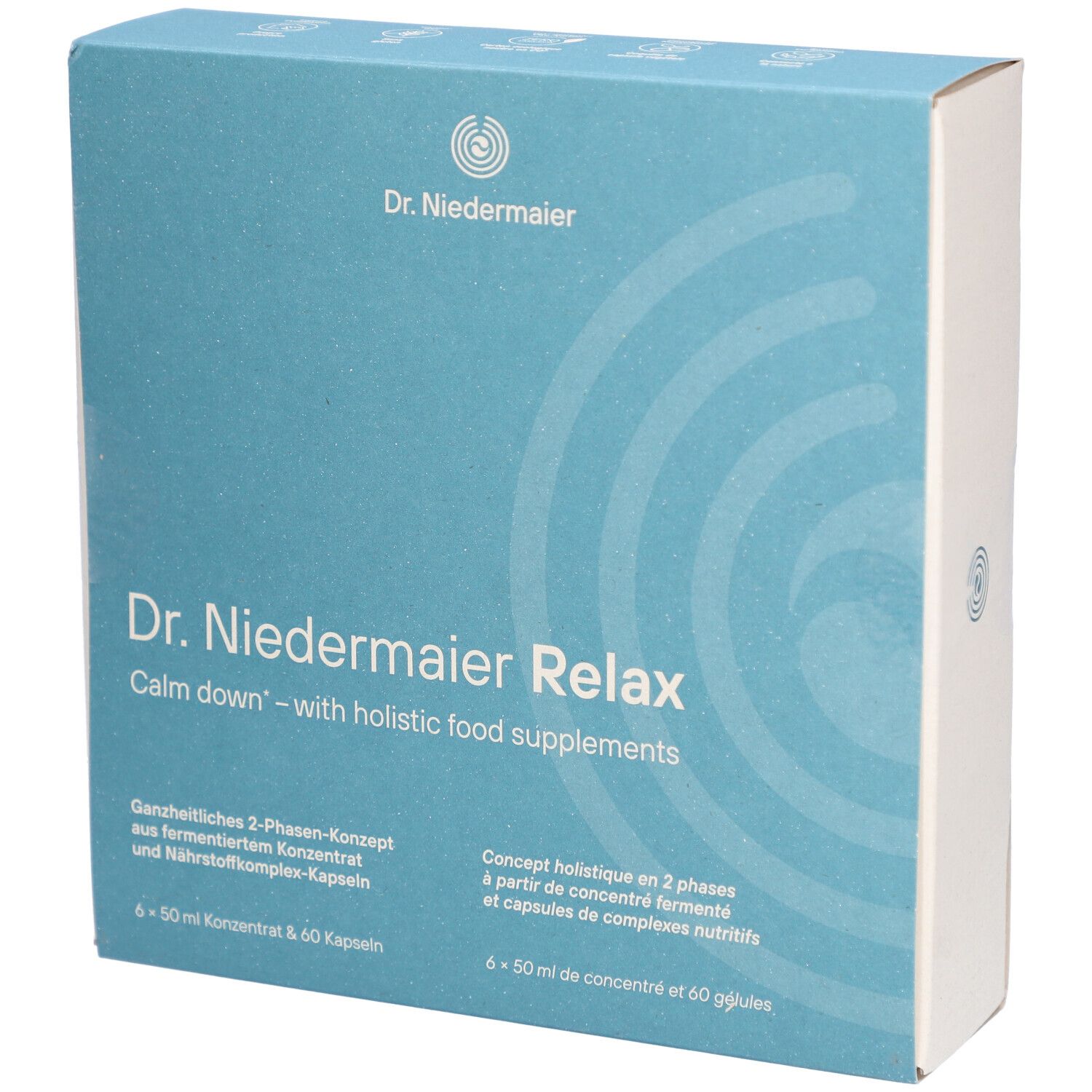 Blau-weiße Schachtel mit "Dr. Niedermaier Relax"-Logo. Text: "Calm down - with holistic food supplements".