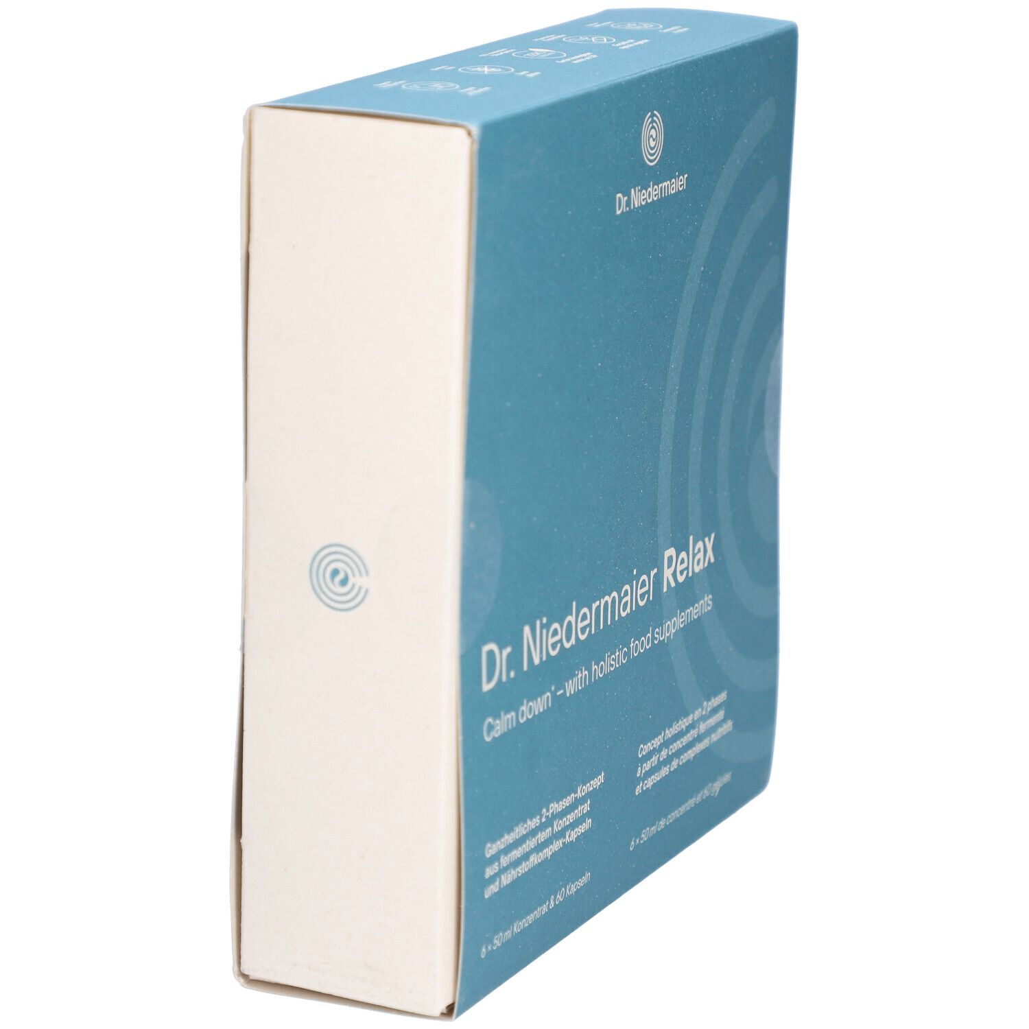 Blaue und weiße Schachtel mit "Dr. Niedermaier Relax"-Logo. Seitenansicht. Text: "Calm down - with holistic food supplements".