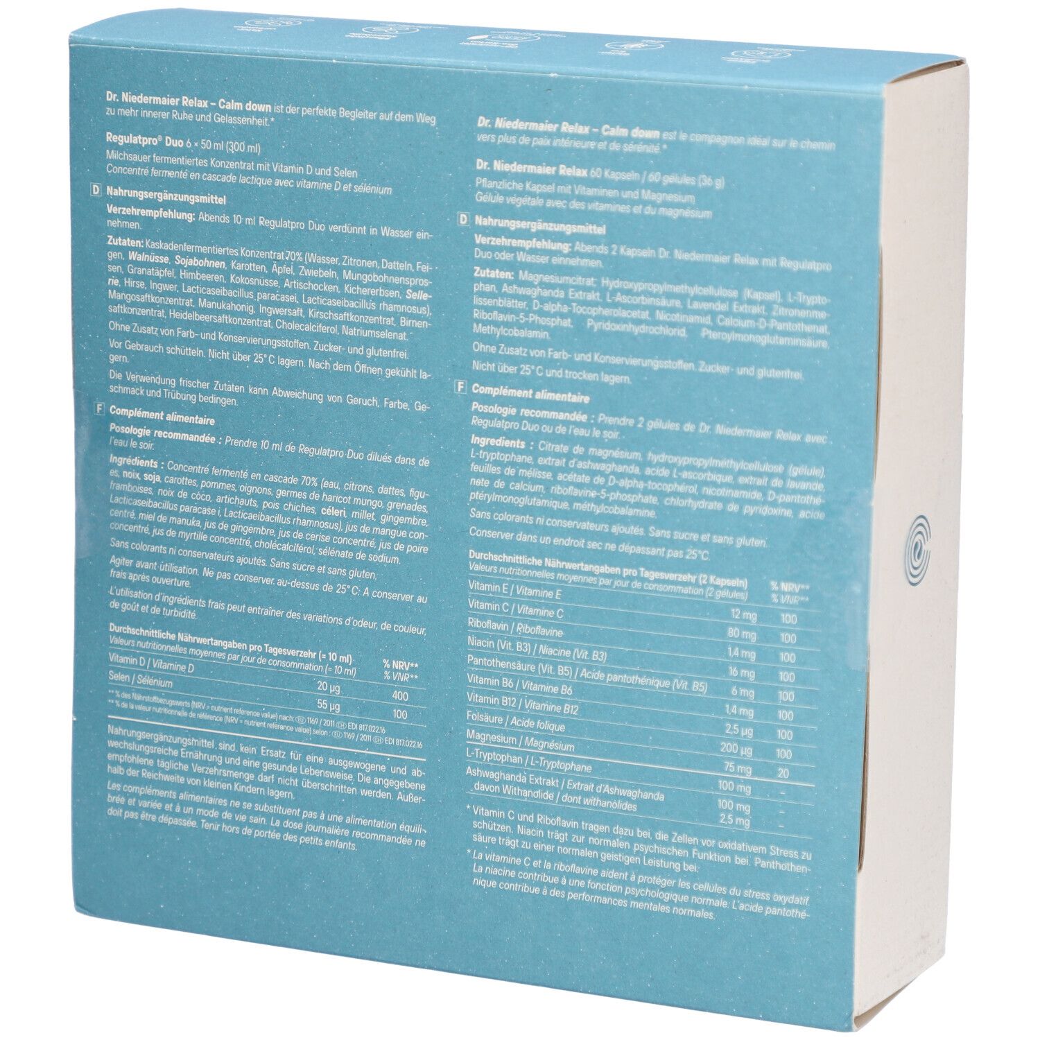 Rückseite der blauen Schachtel mit Text und Inhaltsangaben. Enthält Informationen zu Inhaltsstoffen und Nährwerten.