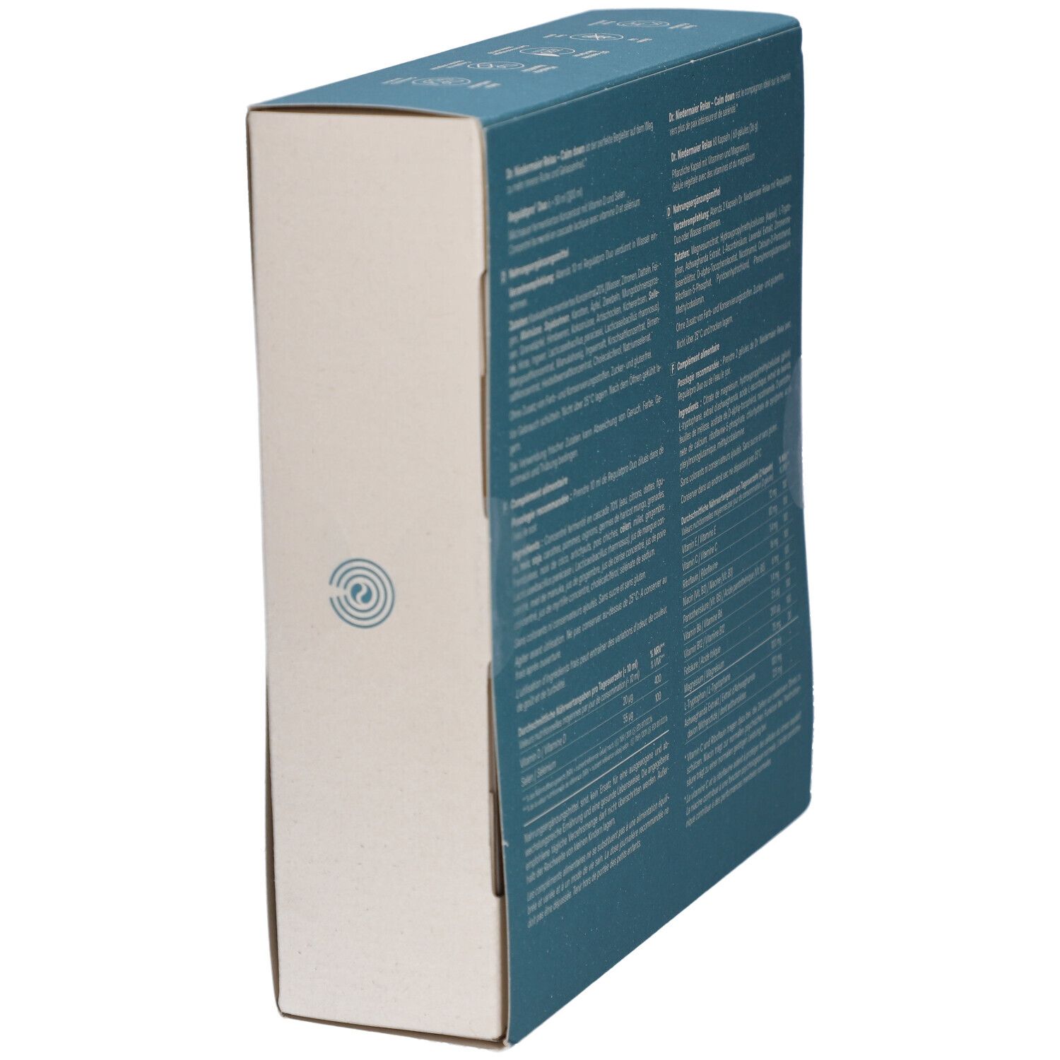 Seitenansicht der blauen Schachtel mit Text. Enthält Informationen zu Inhaltsstoffen und Nährwerten.