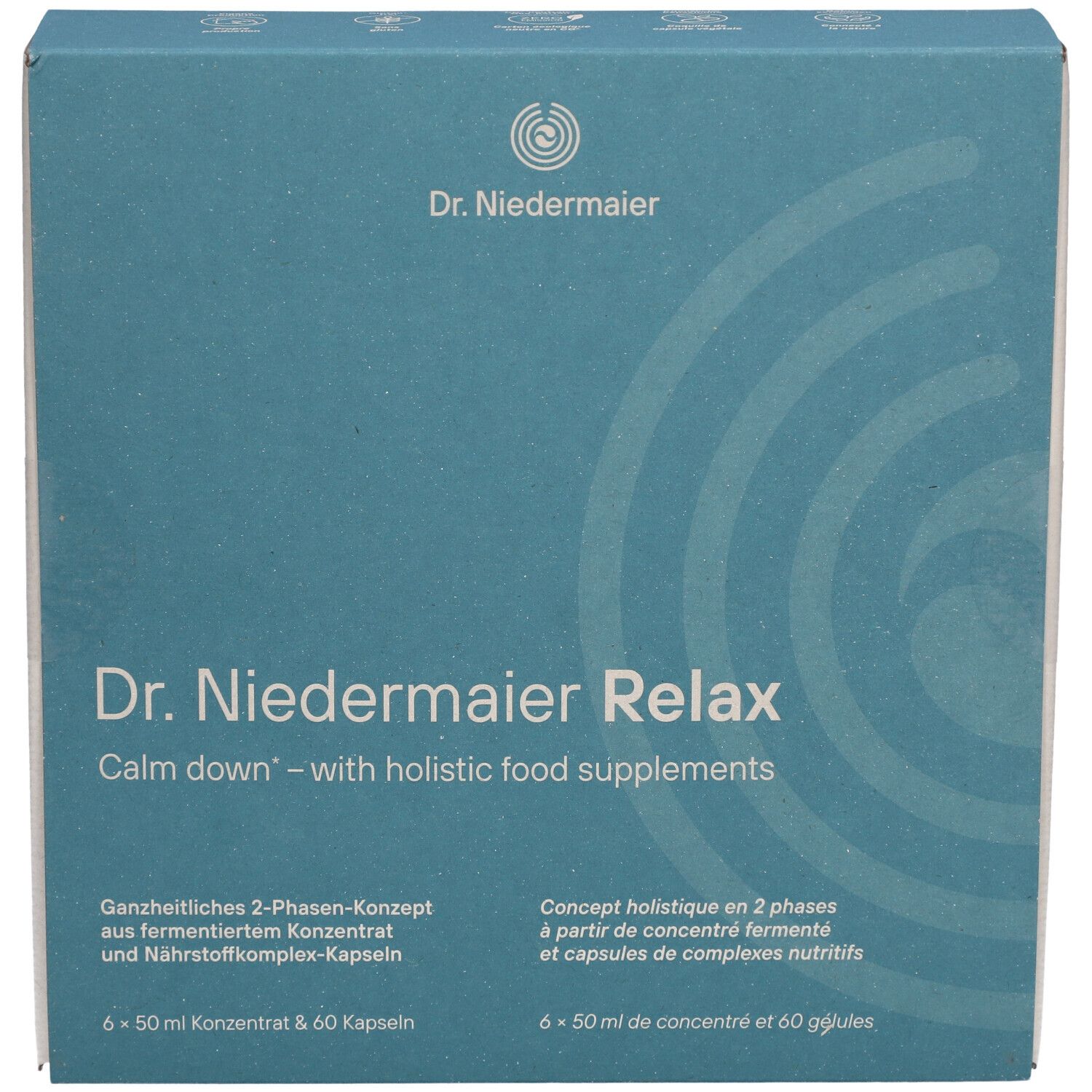 Blaue Schachtel mit "Dr. Niedermaier Relax"-Logo. Text: "Calm down - with holistic food supplements".