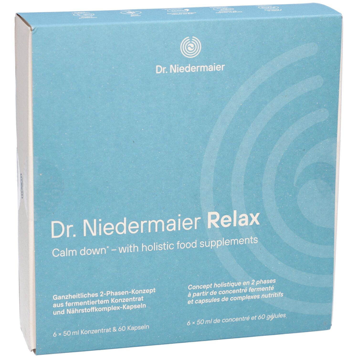Blaue Schachtel mit "Dr. Niedermaier Relax"-Logo. Text: "Calm down - with holistic food supplements".