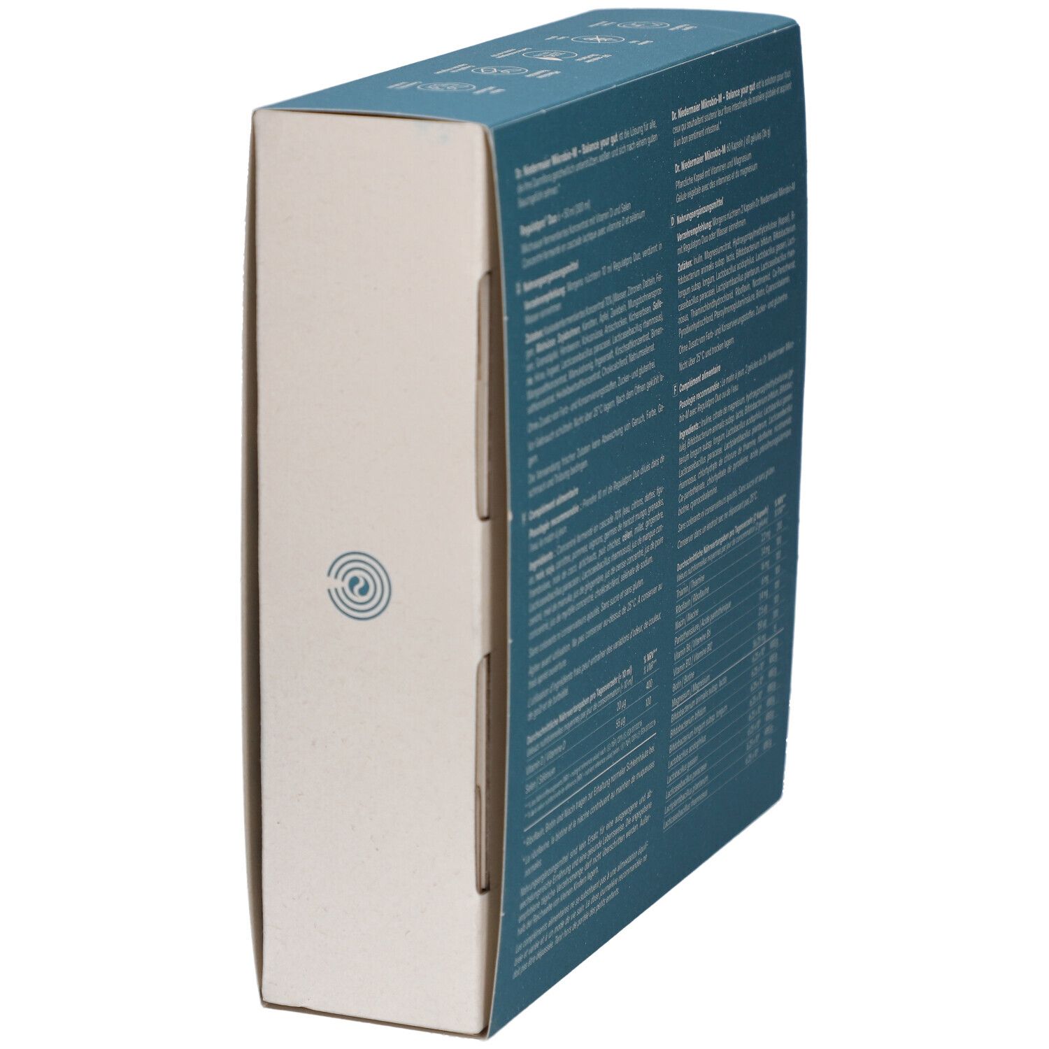 Seitenansicht der blauen Schachtel. Text mit Nährwertangaben und Inhaltsstoffen. Produktname: Dr. Niedermaier Mikrobio-M.