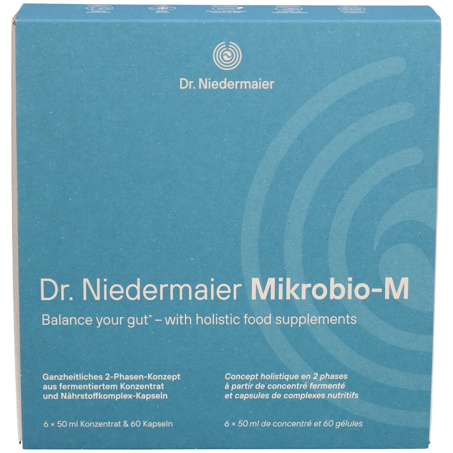 Blaue Schachtel mit Produktnamen Dr. Niedermaier Mikrobio-M. Text: Balance your gut. 6x50ml Konzentrat & 60 Kapseln.