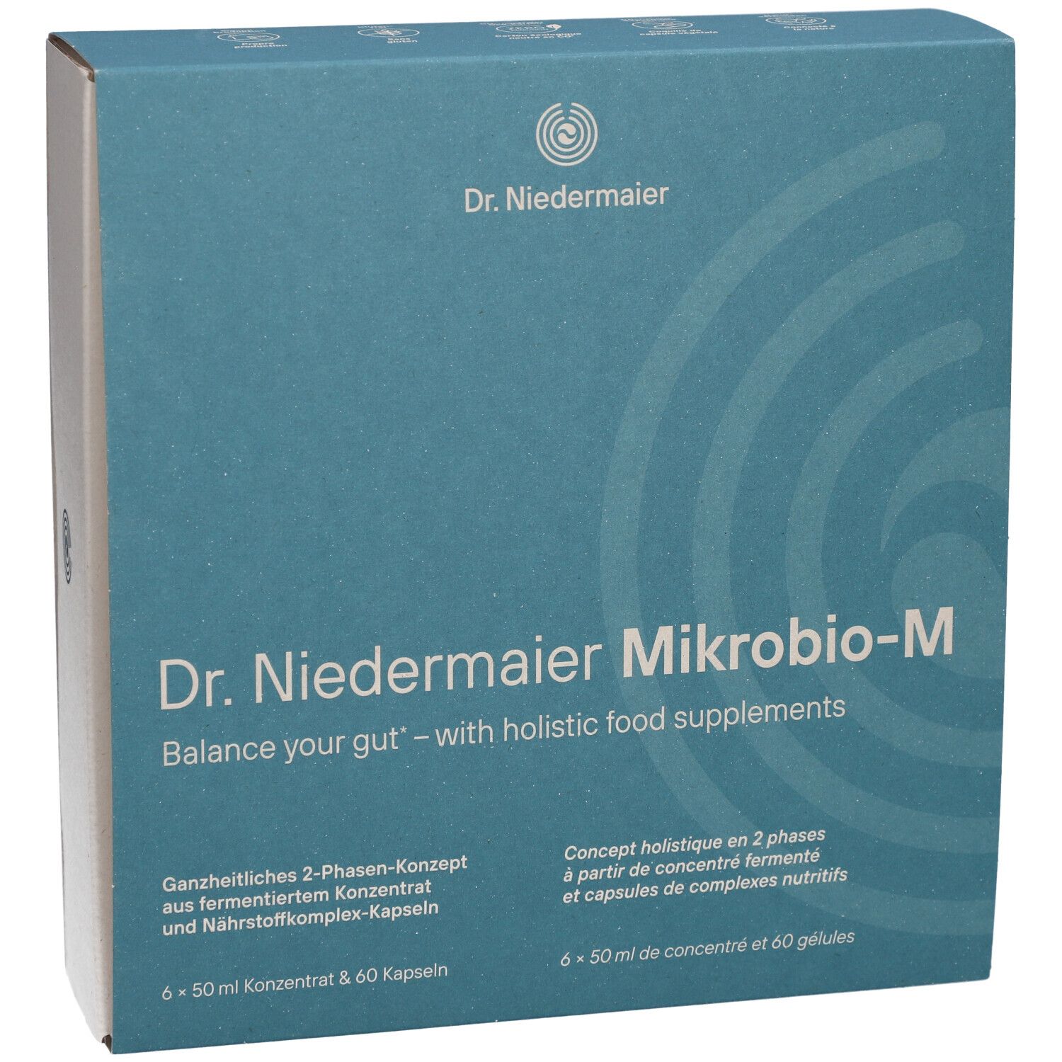 Blaue Schachtel, Produktname Dr. Niedermaier Mikrobio-M. Text: Balance your gut. 6x50ml Konzentrat & 60 Kapseln.