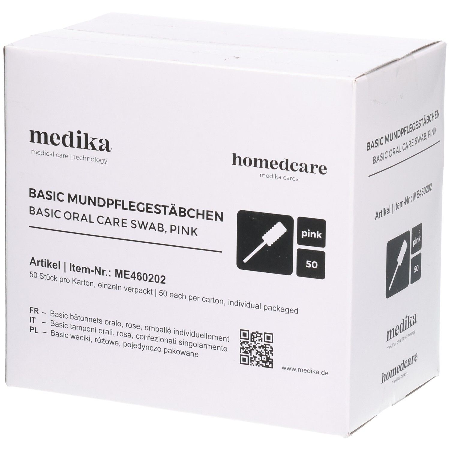 Weißer Karton mit Produktaufdruck. Aufschrift: BASIC MUNDPFLEGESTÄBCHEN, BASIC ORAL CARE SWAB, PINK. Enthält 50 Stück.
