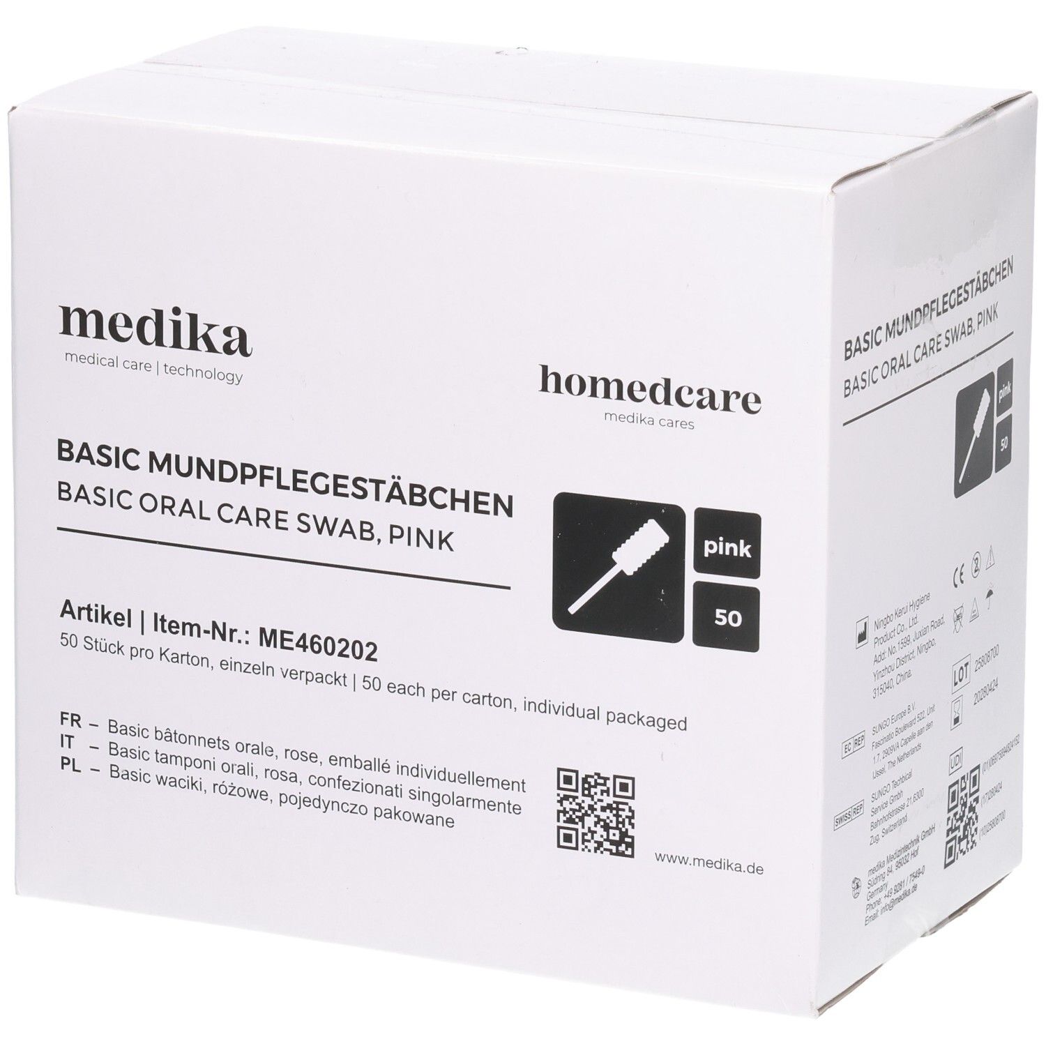 Weißer Karton mit Produktaufdruck. Aufschrift: BASIC MUNDPFLEGESTÄBCHEN, BASIC ORAL CARE SWAB, PINK. Enthält 50 Stück.
