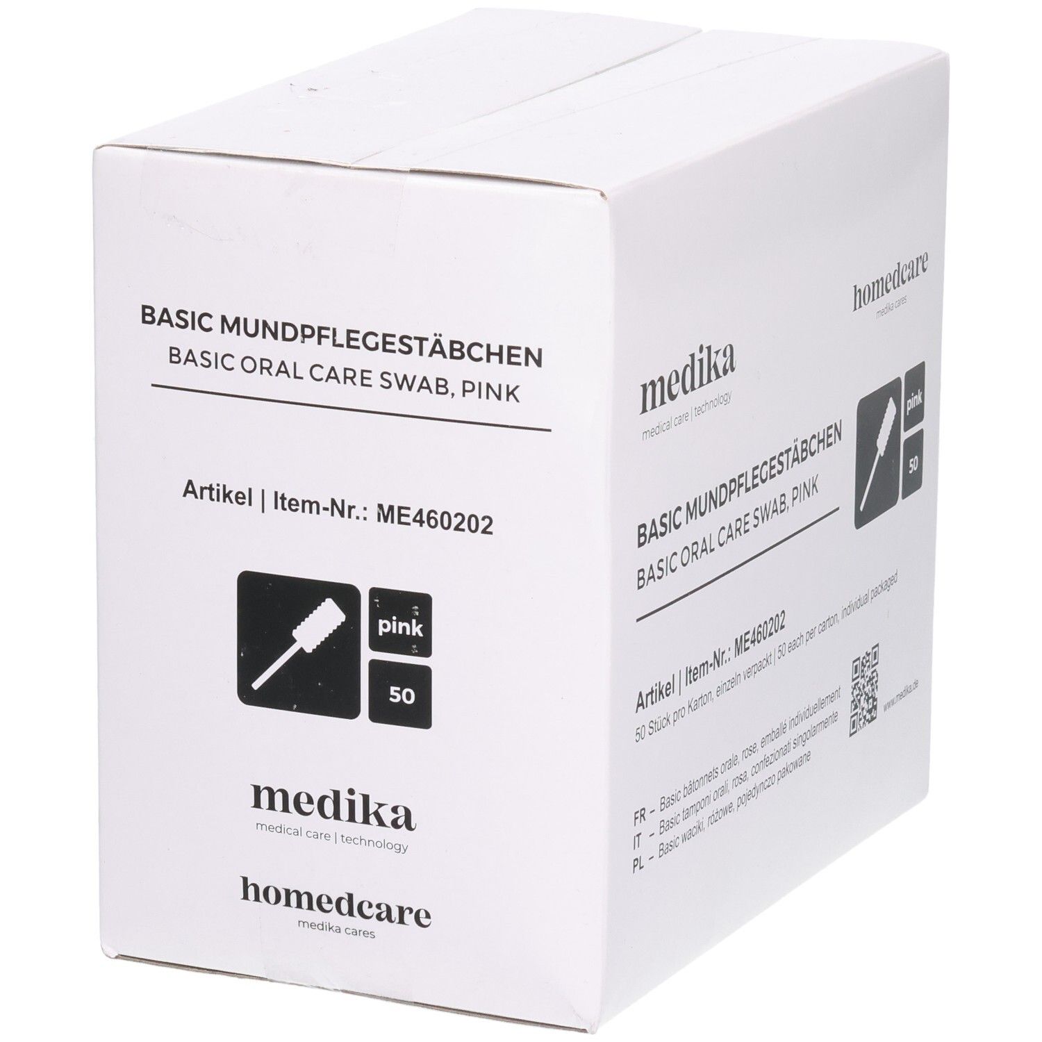 Weißer Karton mit Produktaufdruck. Aufschrift: BASIC MUNDPFLEGESTÄBCHEN, BASIC ORAL CARE SWAB, PINK. Enthält 50 Stück.