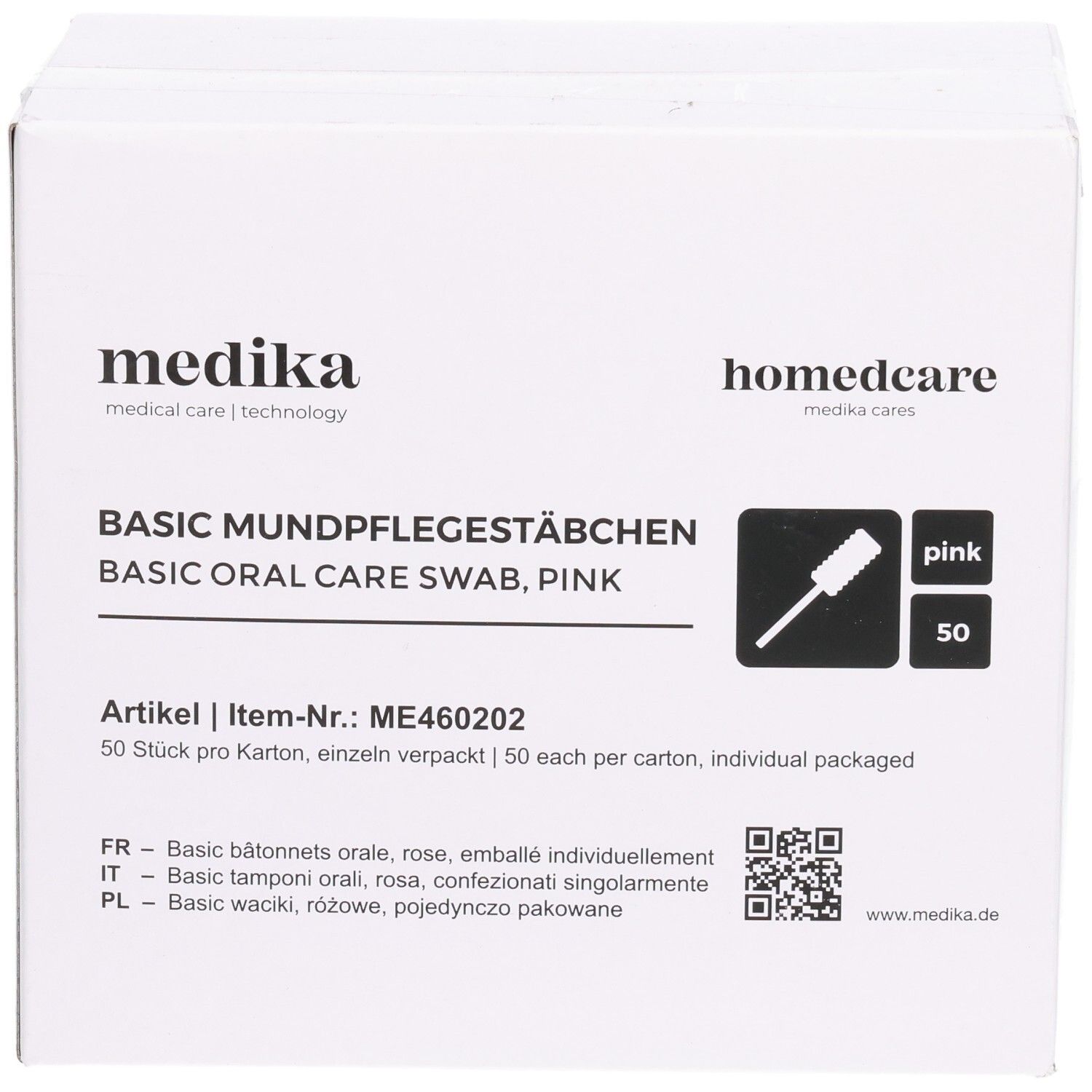 Weißer Karton mit Produktaufdruck. Aufschrift: BASIC MUNDPFLEGESTÄBCHEN, BASIC ORAL CARE SWAB, PINK. Enthält 50 Stück.