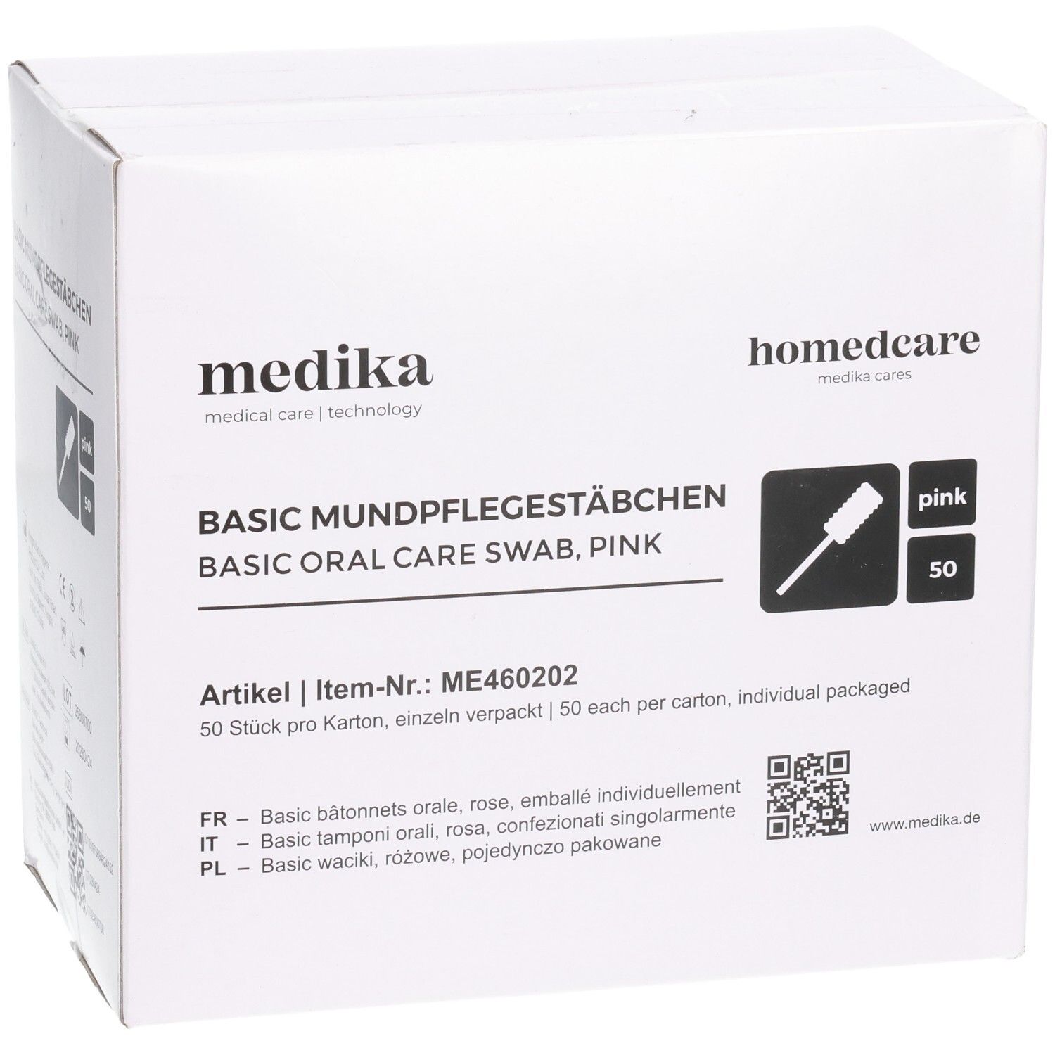 Weißer Karton mit Produktaufdruck. Aufschrift: BASIC MUNDPFLEGESTÄBCHEN, BASIC ORAL CARE SWAB, PINK. Enthält 50 Stück.