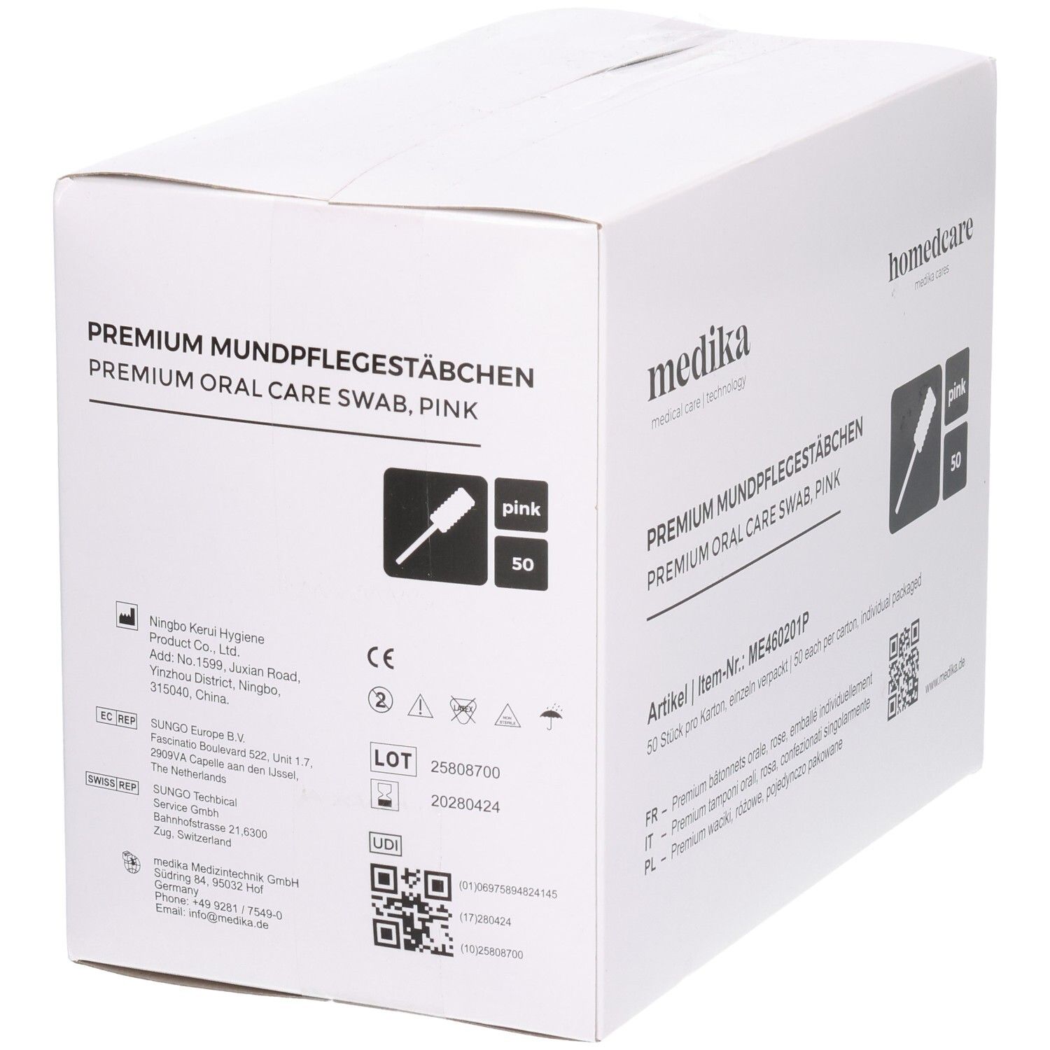 Karton mit Produktaufdruck. Aufschrift: PREMIUM MUNDPFLEGESTÄBCHEN, pink. Enthält 50 Stück. Marke: medika.