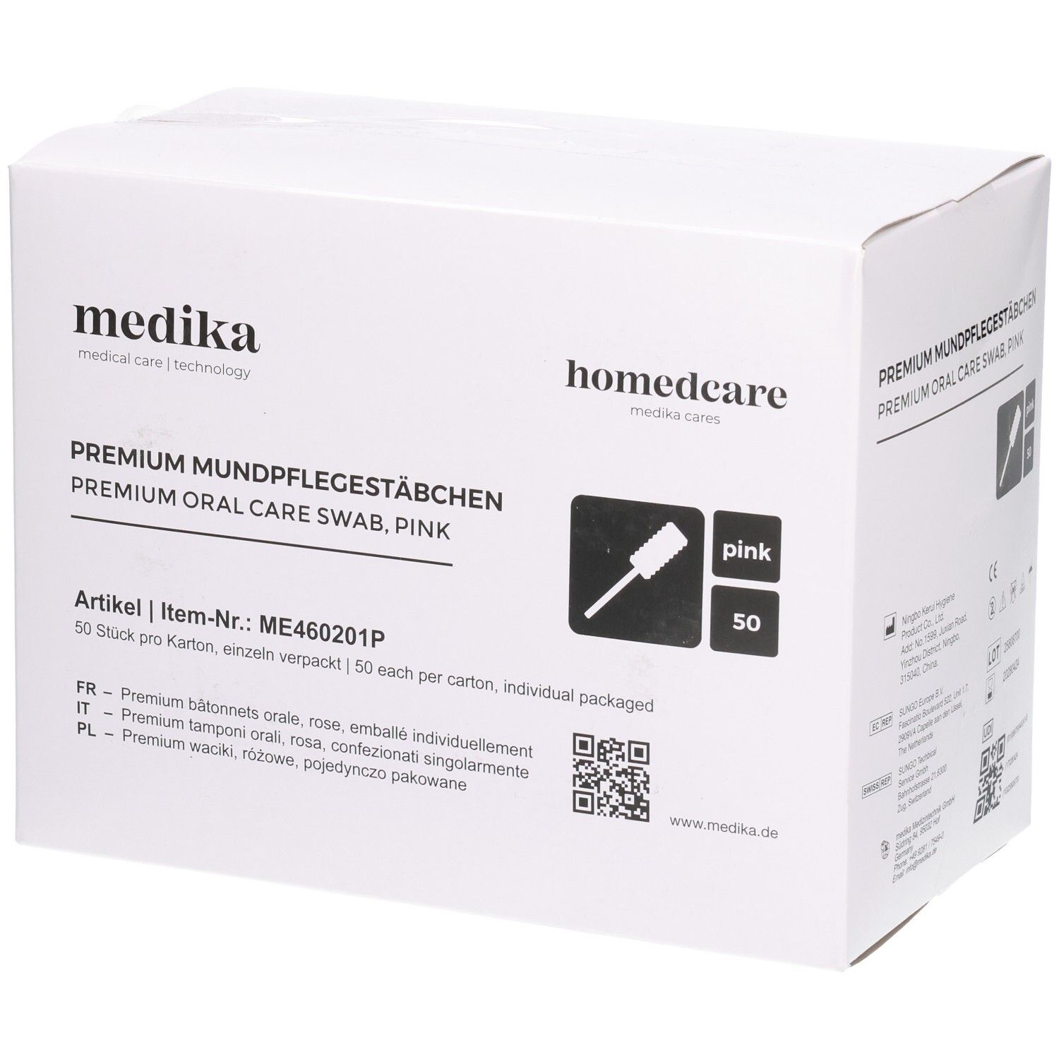 Karton mit Produktaufdruck. Aufschrift: PREMIUM MUNDPFLEGESTÄBCHEN, pink. Enthält 50 Stück. Marke: medika.