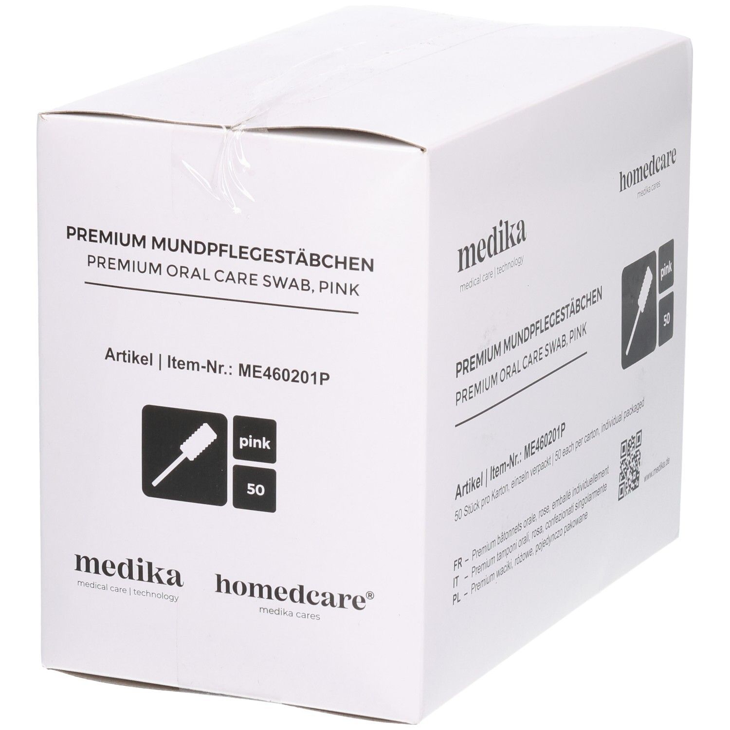 Karton mit Produktaufdruck. Aufschrift: PREMIUM MUNDPFLEGESTÄBCHEN, pink. Enthält 50 Stück. Marke: medika.