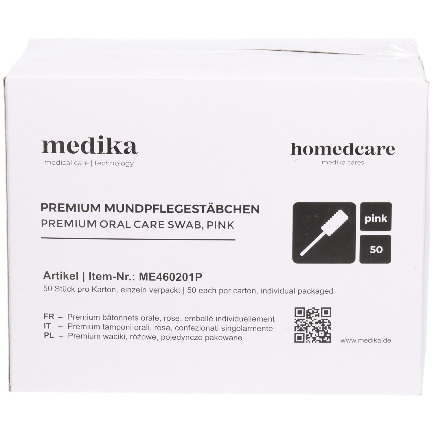 Karton mit Produktaufdruck. Aufschrift: PREMIUM MUNDPFLEGESTÄBCHEN, pink. Enthält 50 Stück. Marke: medika.