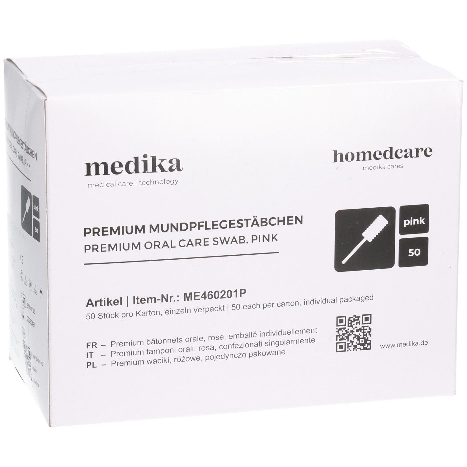 Karton mit Produktaufdruck. Aufschrift: PREMIUM MUNDPFLEGESTÄBCHEN, pink. Enthält 50 Stück. Marke: medika.